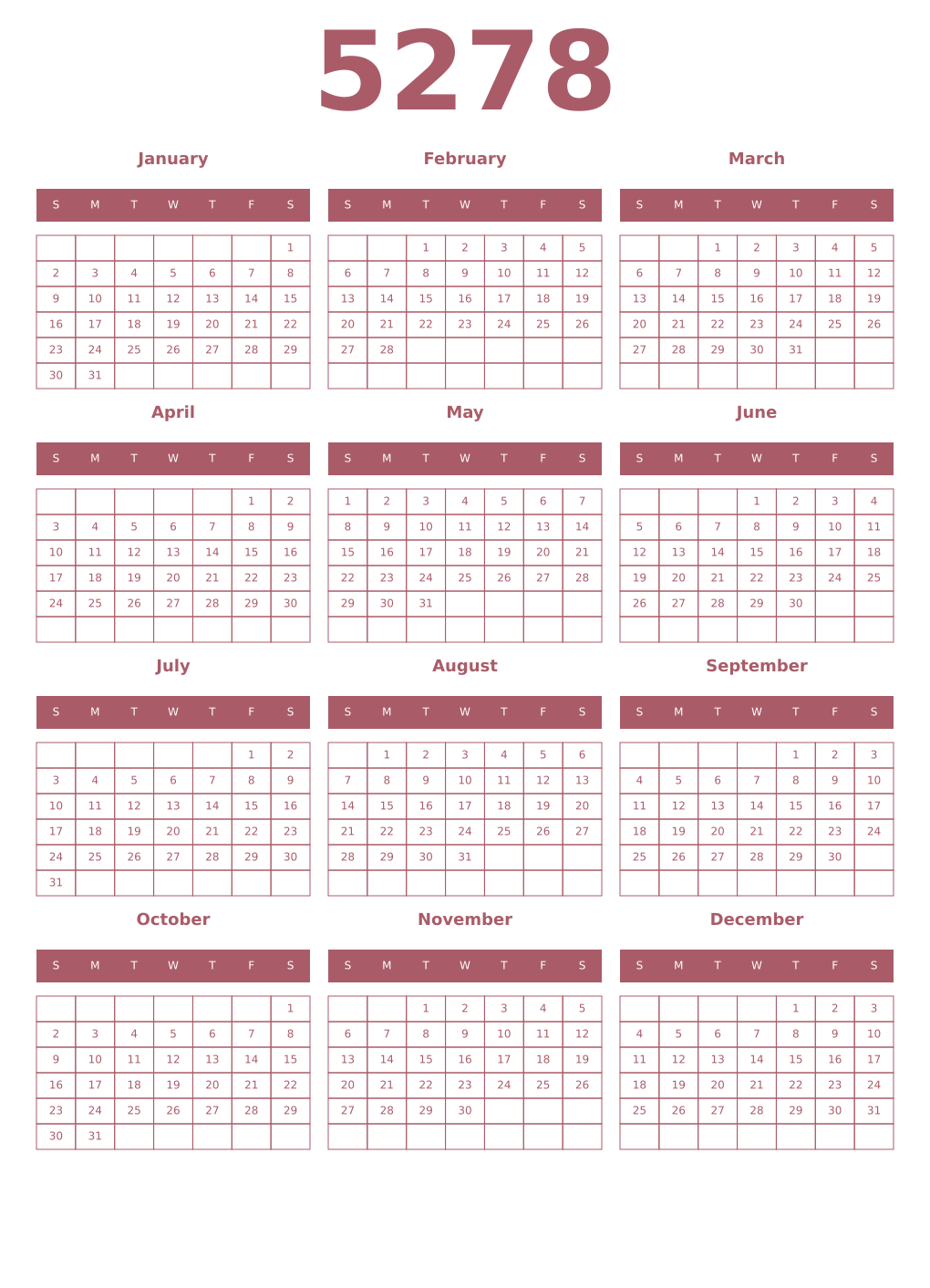 Printable 5278 Year Calendars puce