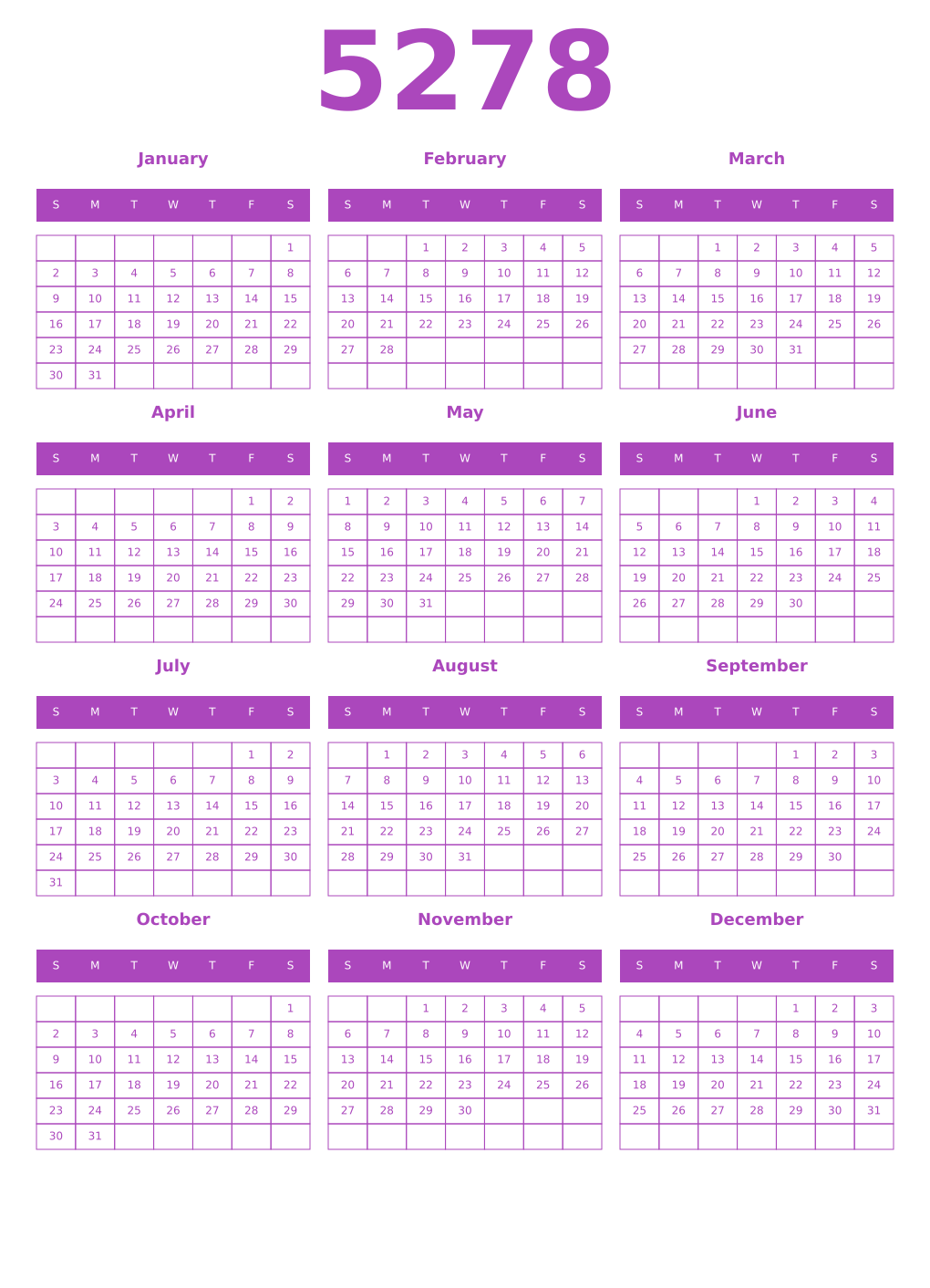 Printable 5278 Year Calendars purple