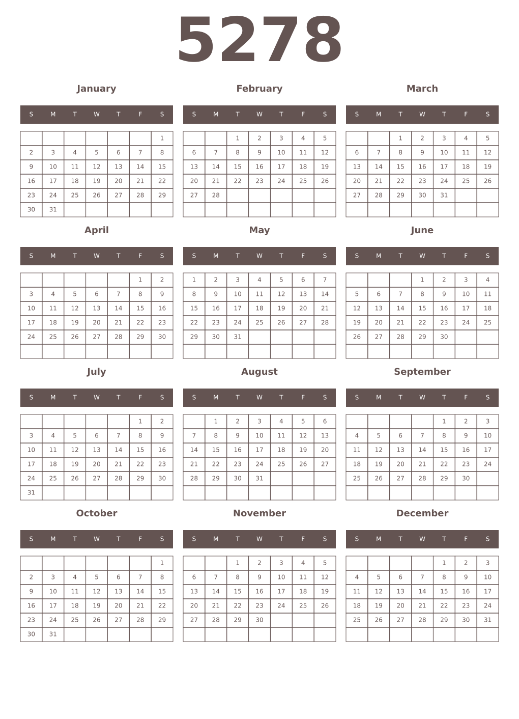 Printable 5278 Year Calendars wenge