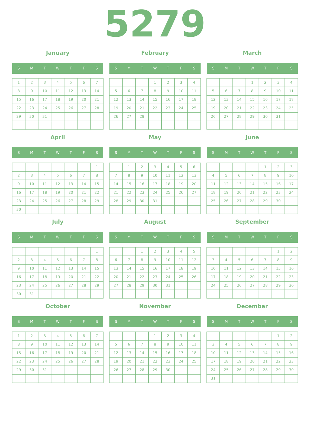 Printable 5279 Year Calendars celadon
