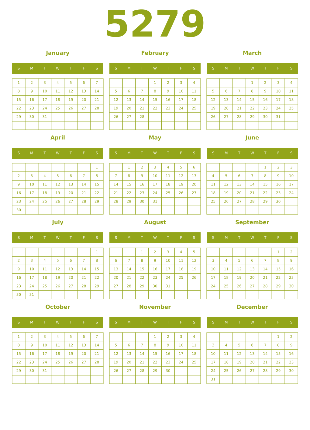 Printable 5279 Year Calendars chartreuse
