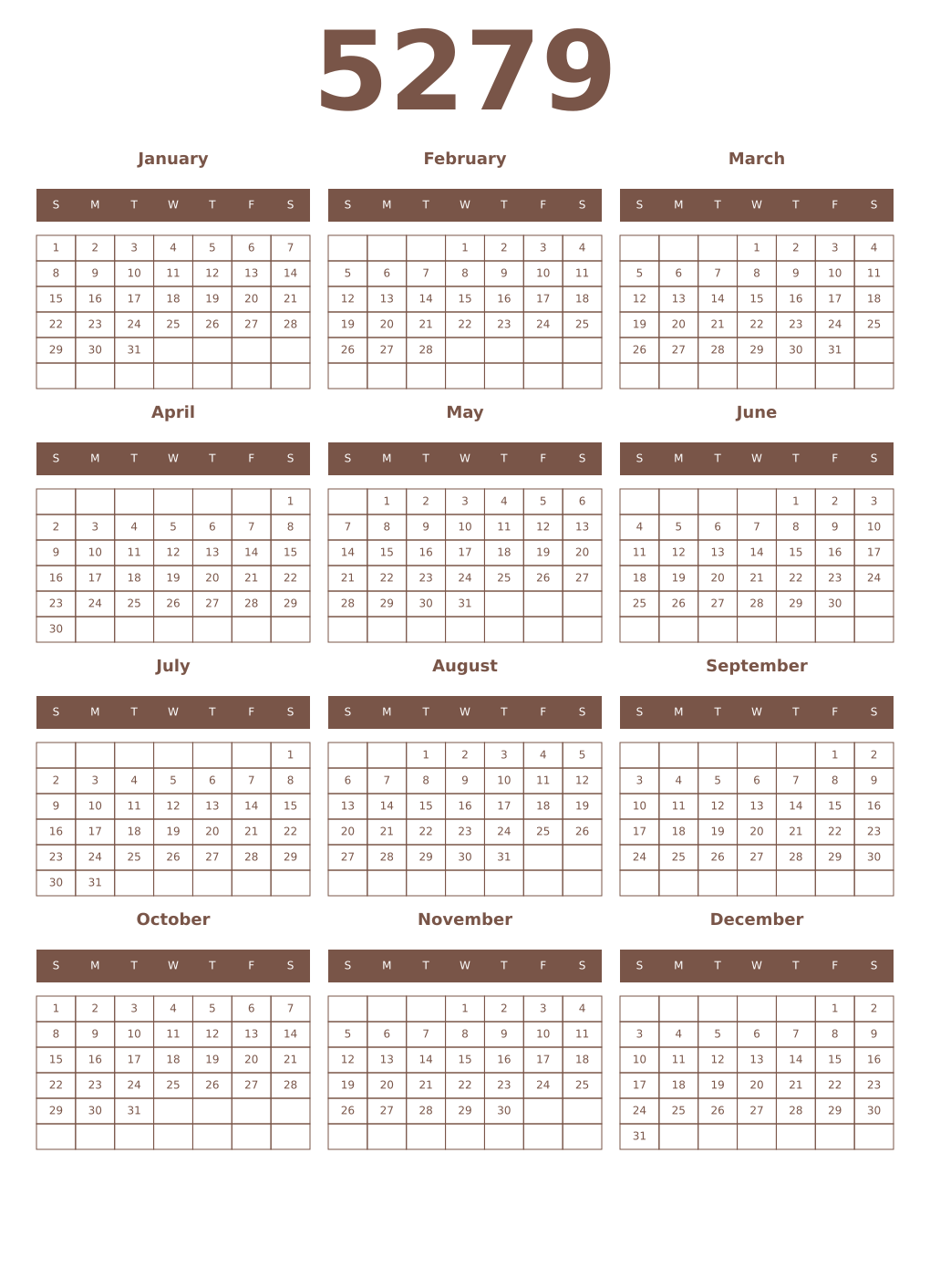 Printable 5279 Year Calendars coffe