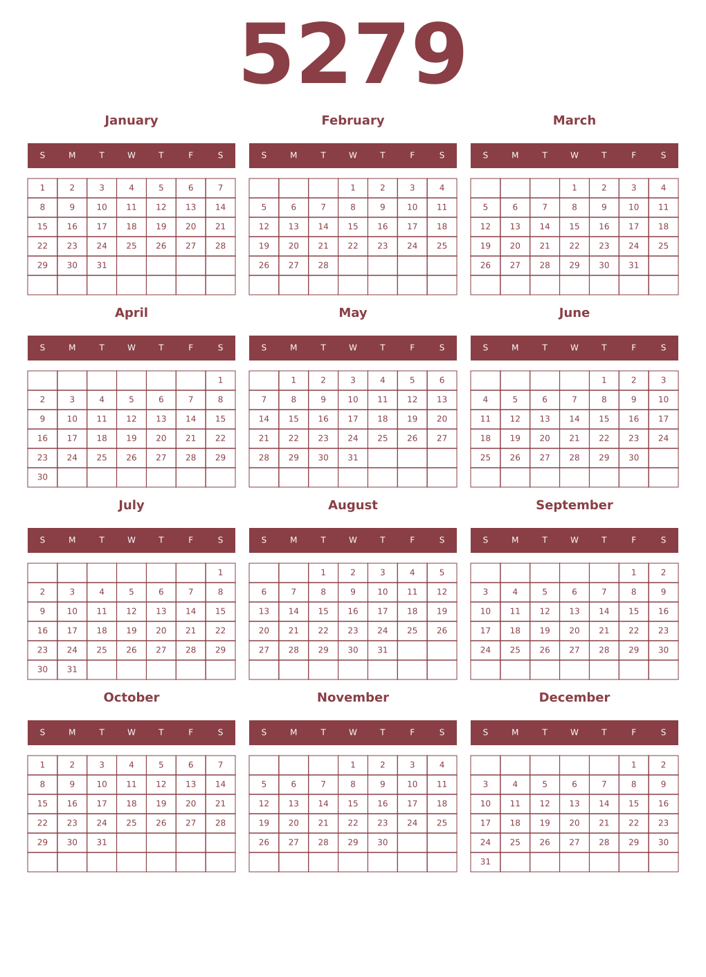 Printable 5279 Year Calendars cordovan