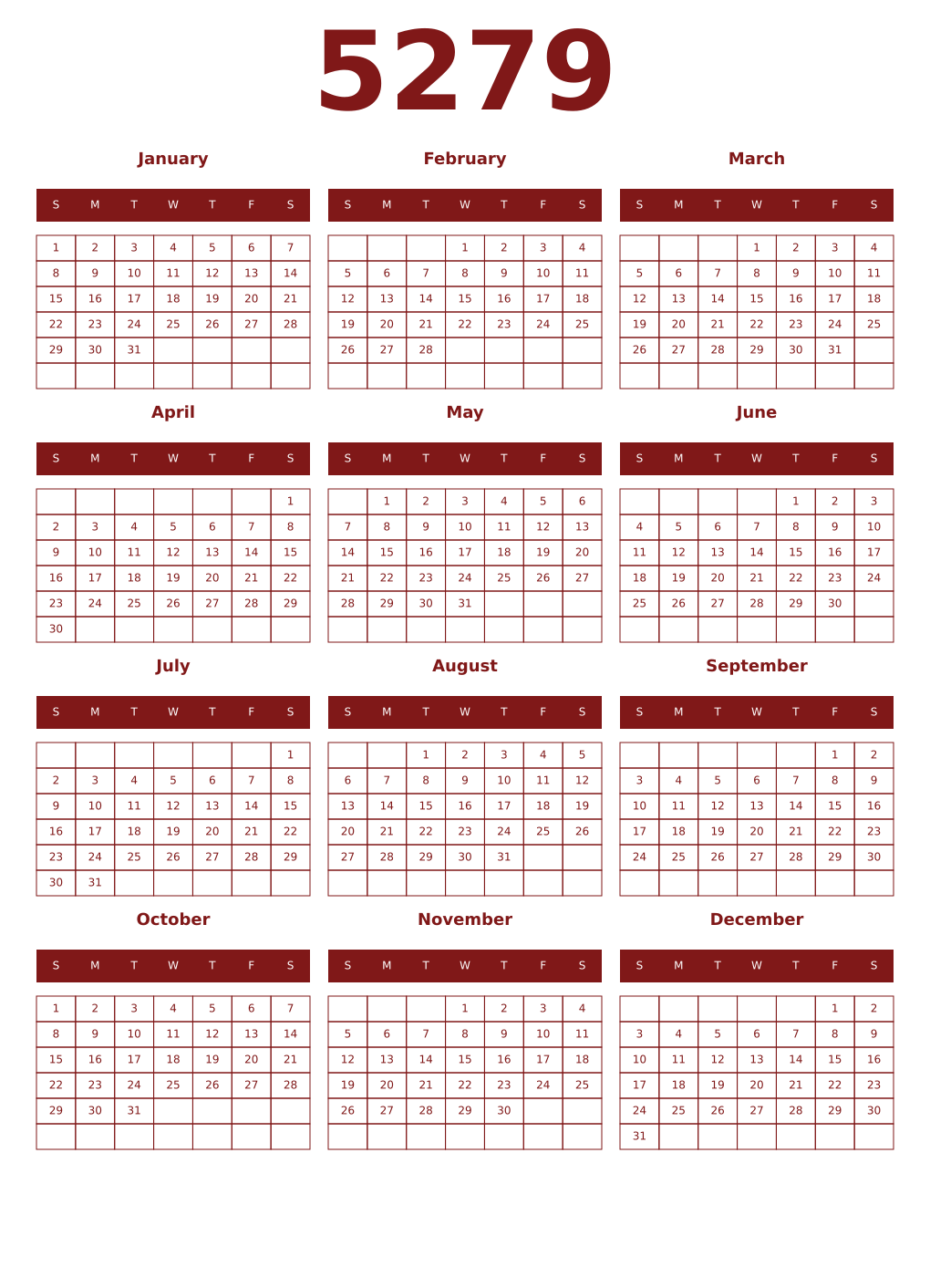 Printable 5279 Year Calendars falu
