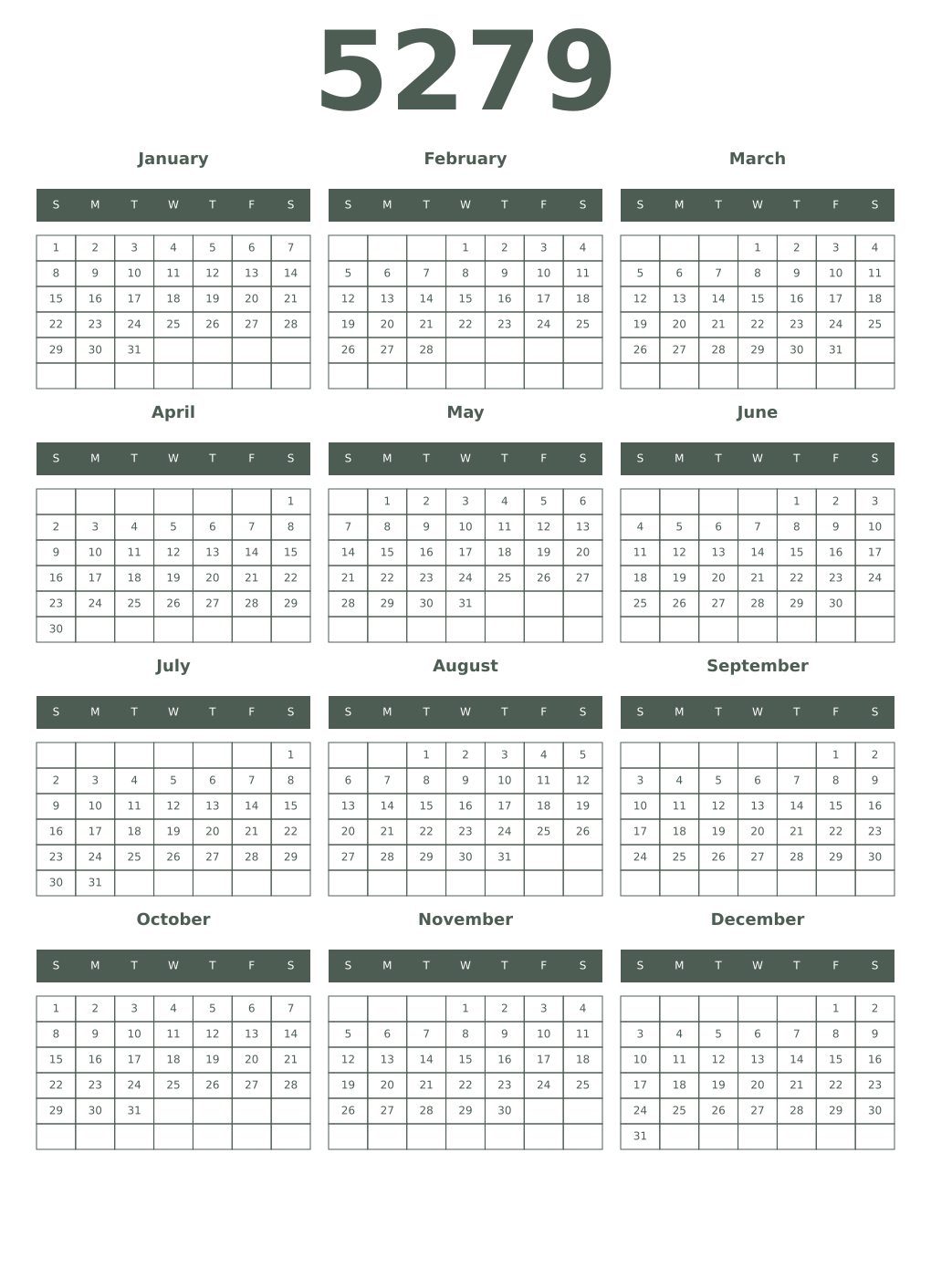 Printable 5279 Year Calendars feldgrau