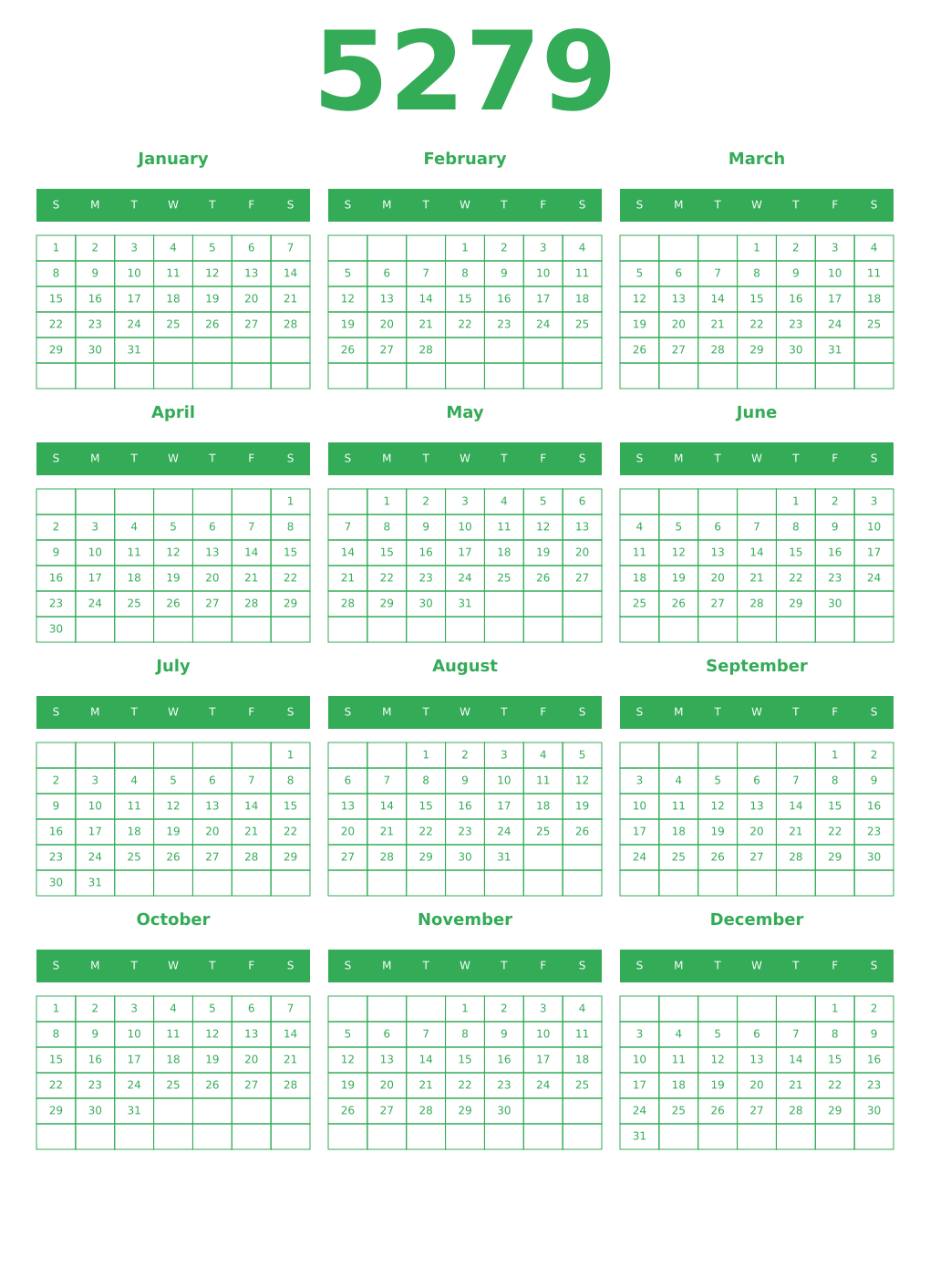 Printable 5279 Year Calendars green