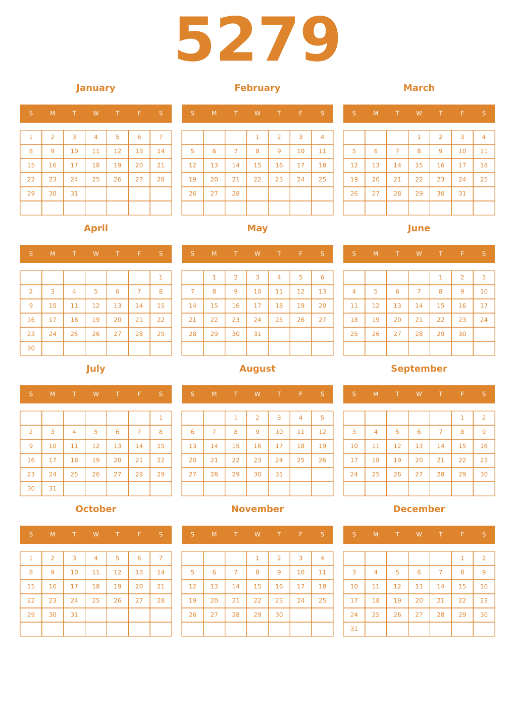 Printable 5279 Year Calendars orange