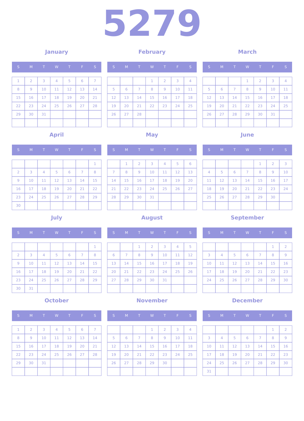 Printable 5279 Year Calendars periwinkle