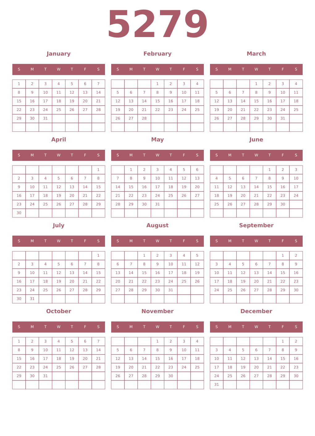 Printable 5279 Year Calendars puce