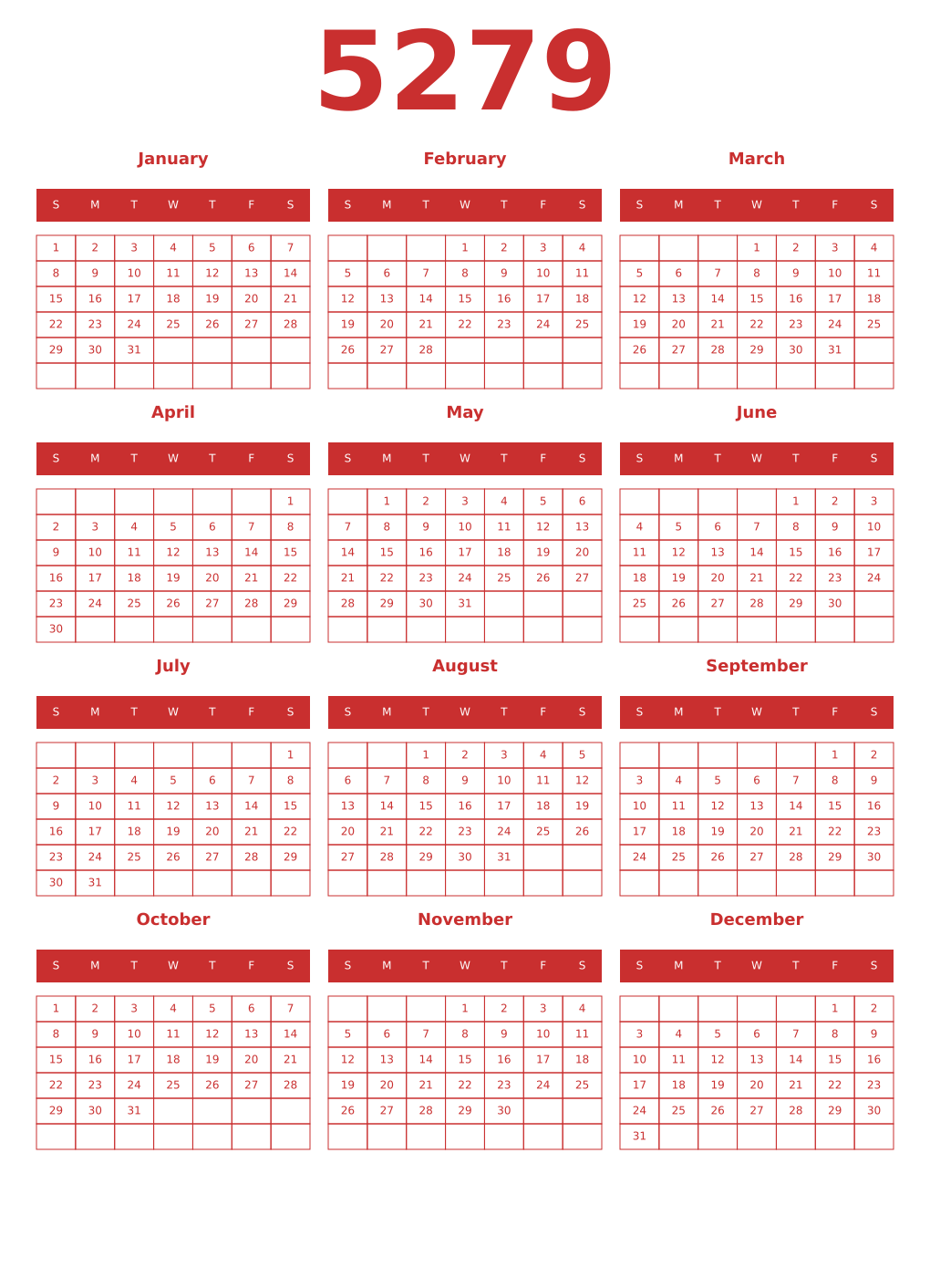 Printable 5279 Year Calendars red