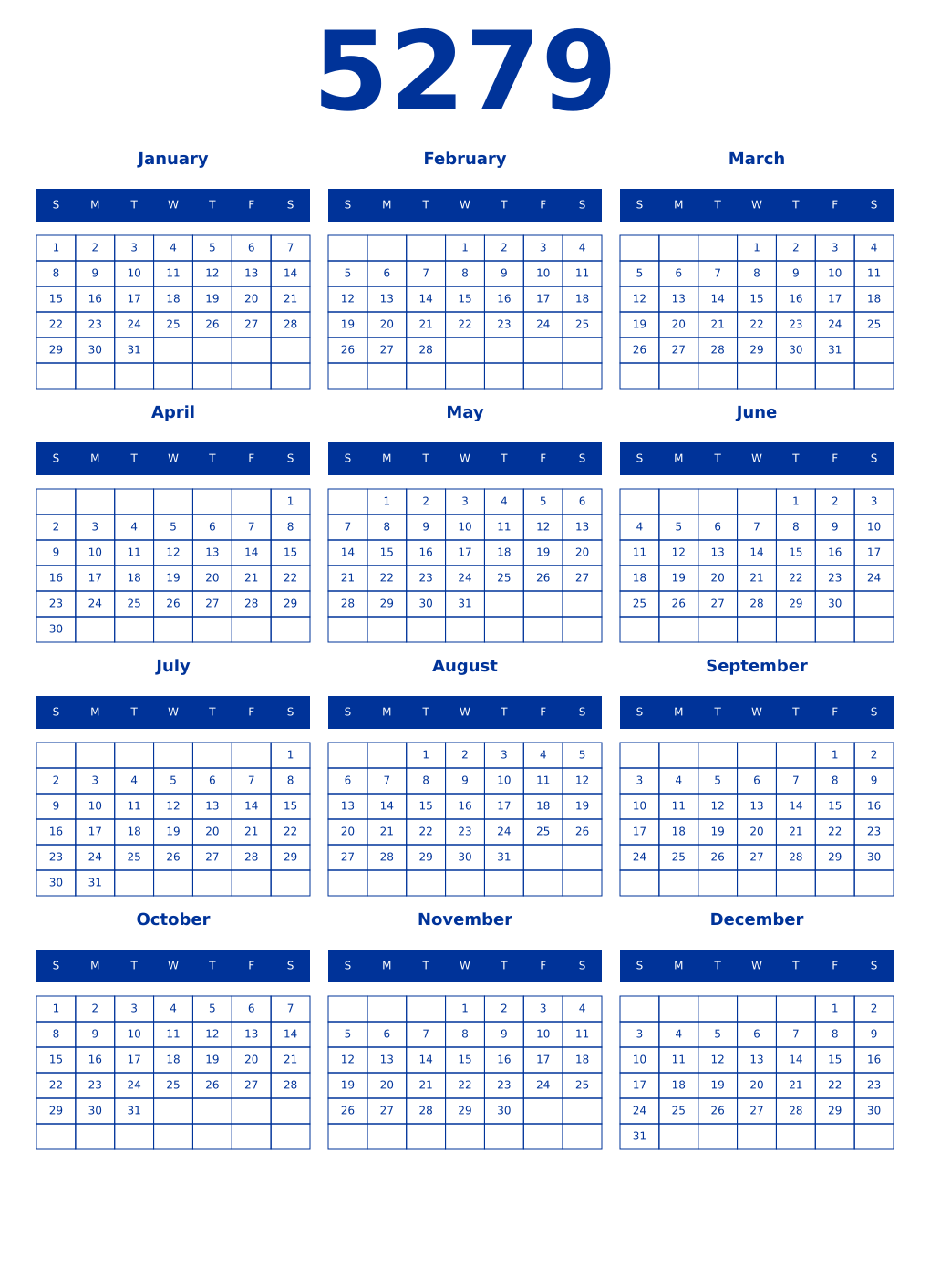 Printable 5279 Year Calendars smalt