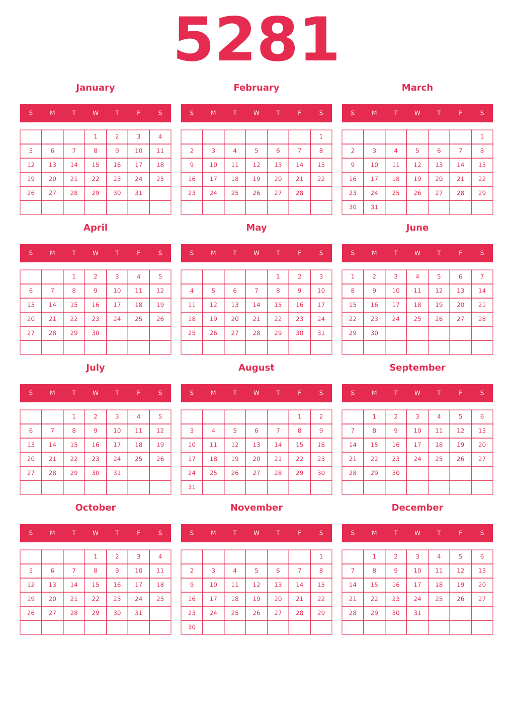 Printable 5281 Year Calendars amaranth