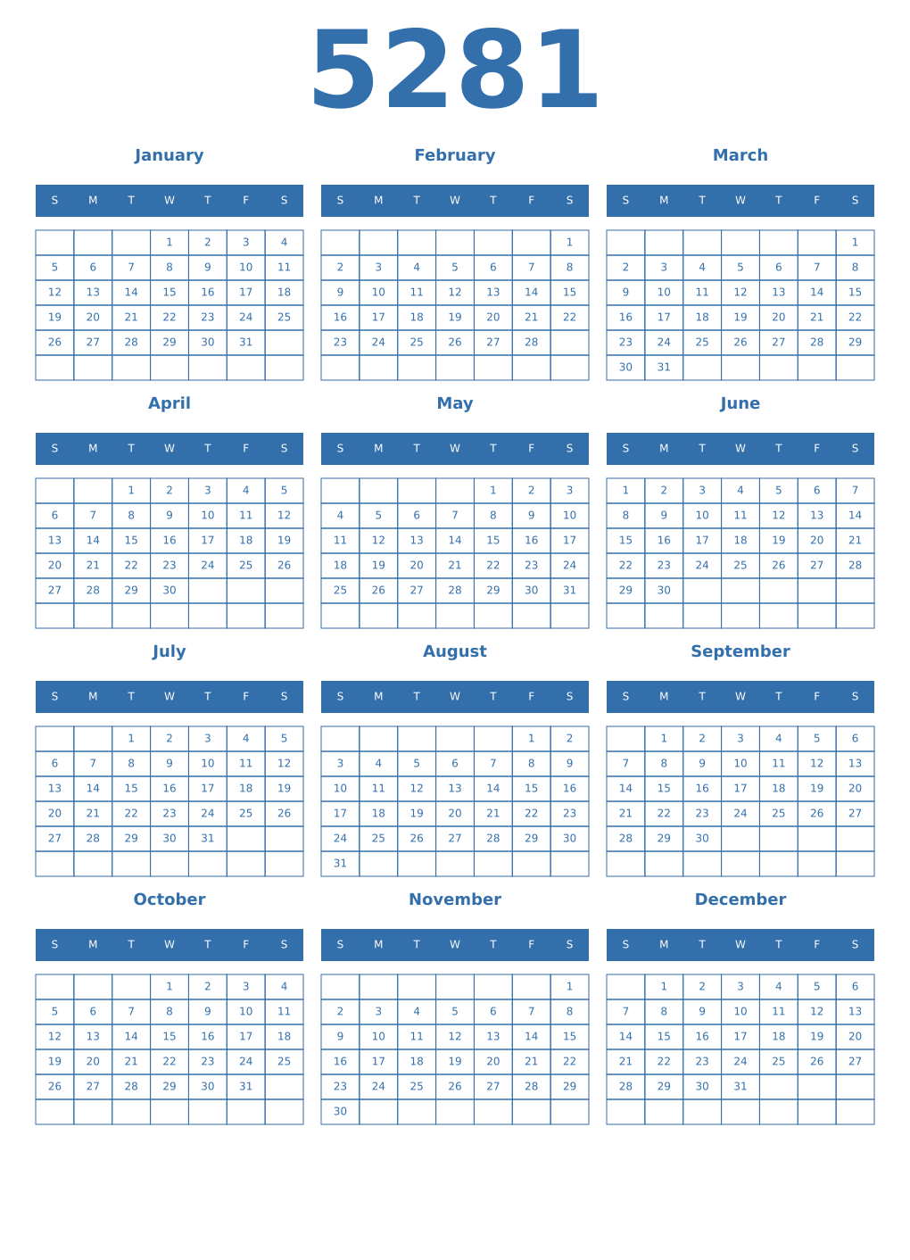 Printable 5281 Year Calendars blue
