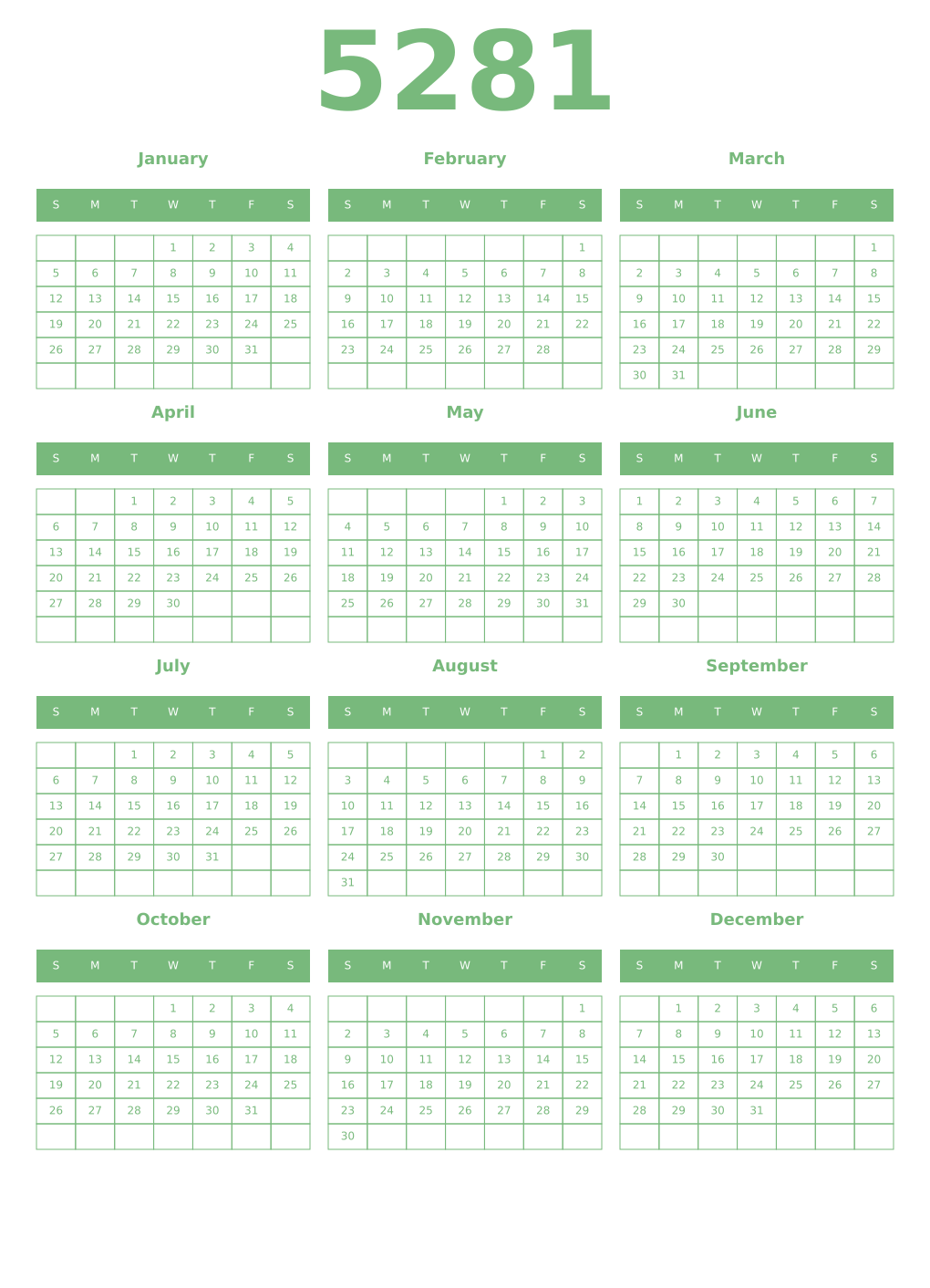 Printable 5281 Year Calendars celadon