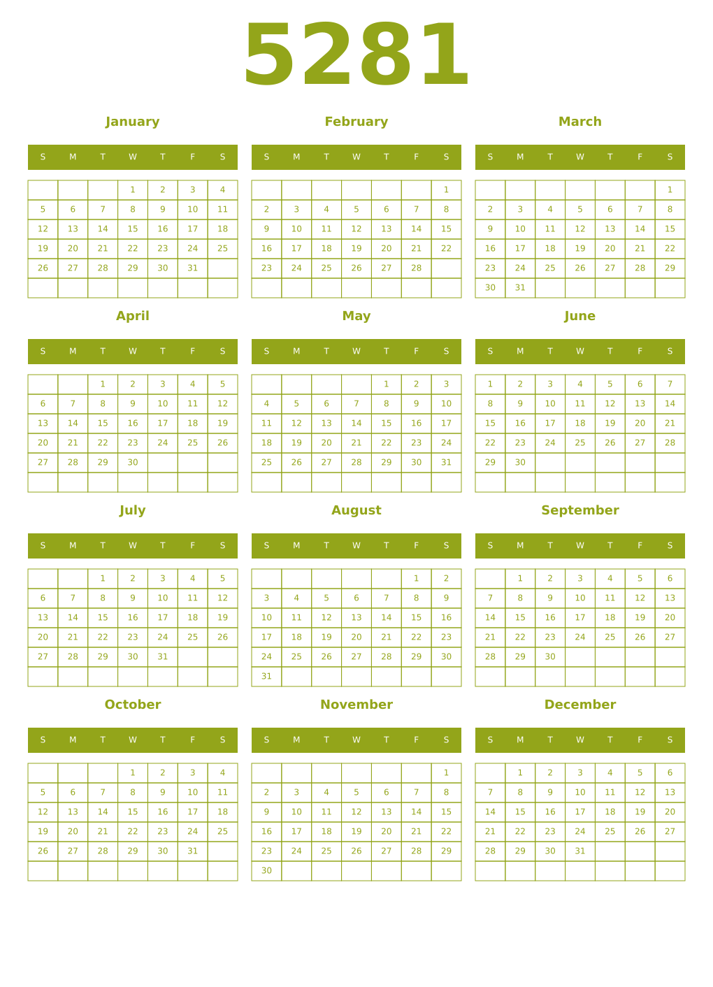 Printable 5281 Year Calendars chartreuse