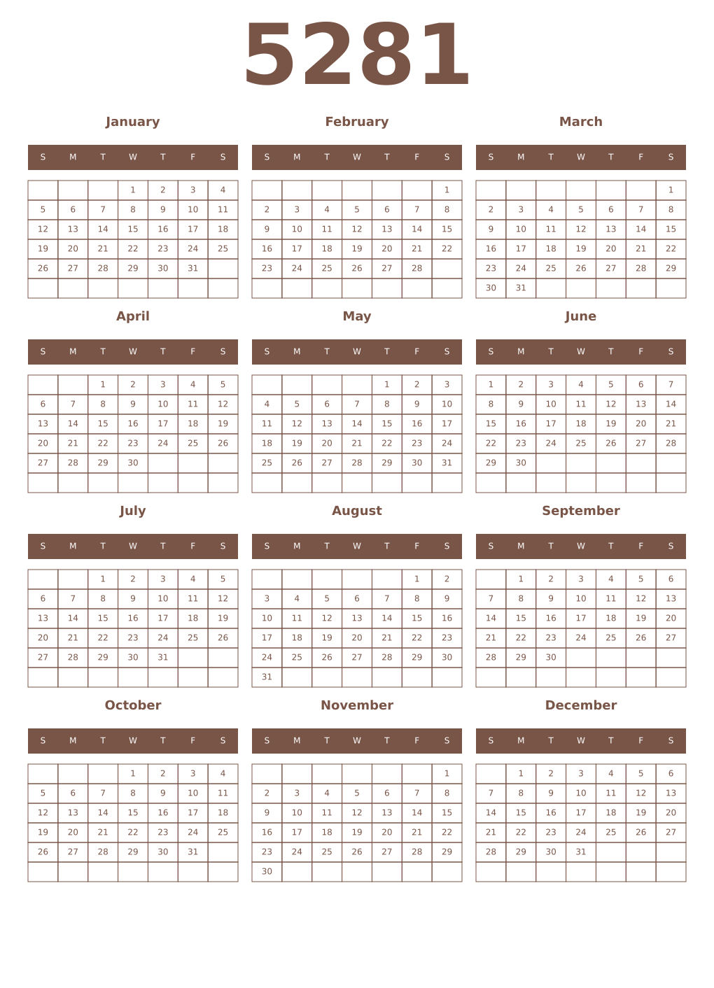 Printable 5281 Year Calendars coffe