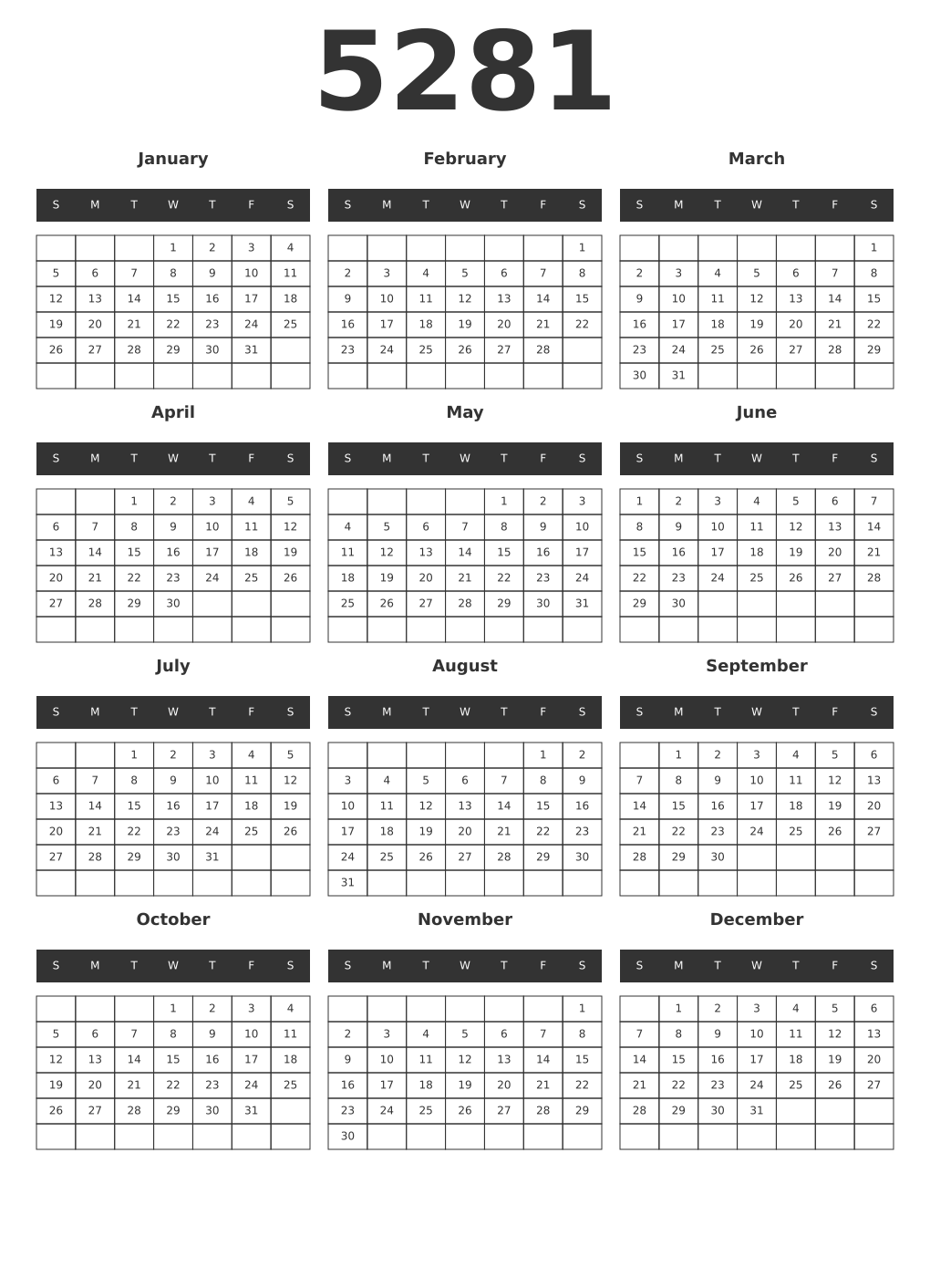 Printable 5281 Year Calendars dark