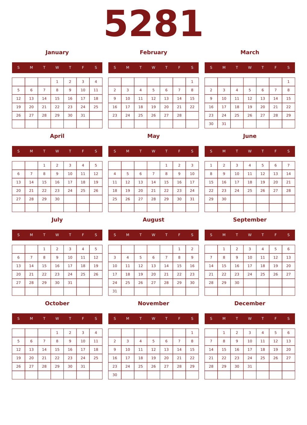 Printable 5281 Year Calendars falu