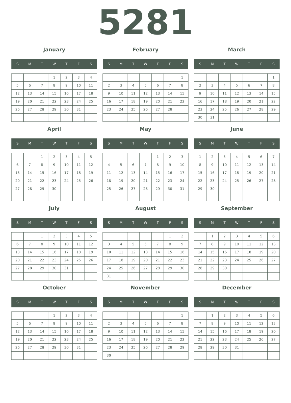Printable 5281 Year Calendars feldgrau