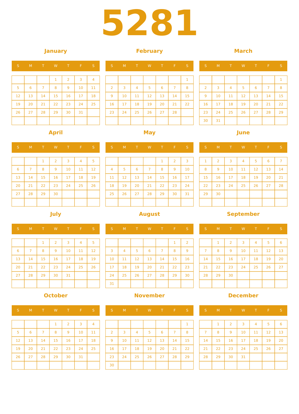 Printable 5281 Year Calendars gamboge