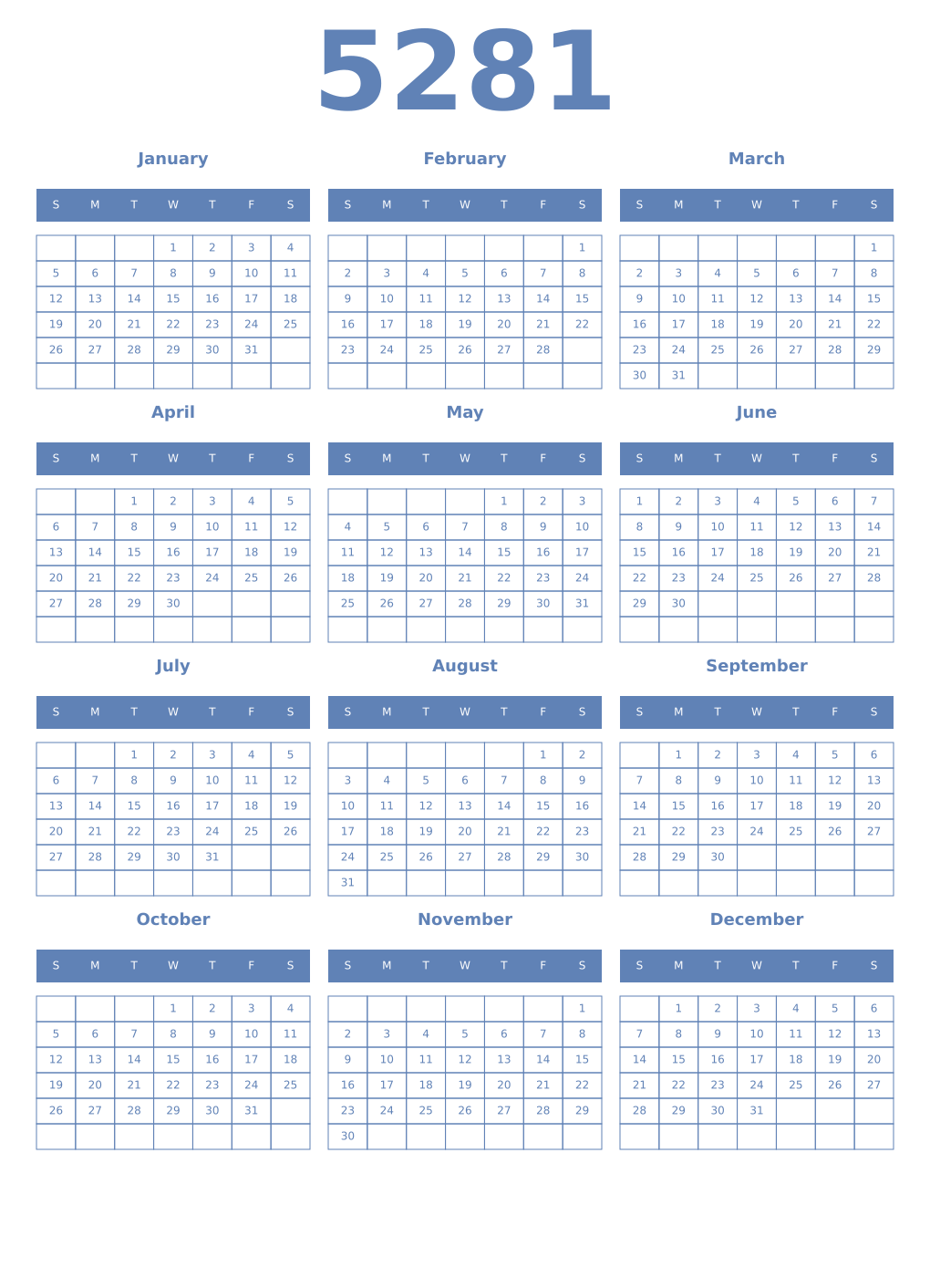 Printable 5281 Year Calendars glaucous