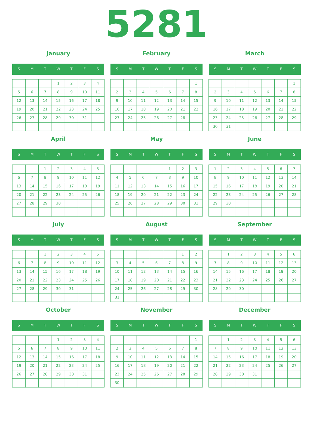 Printable 5281 Year Calendars green