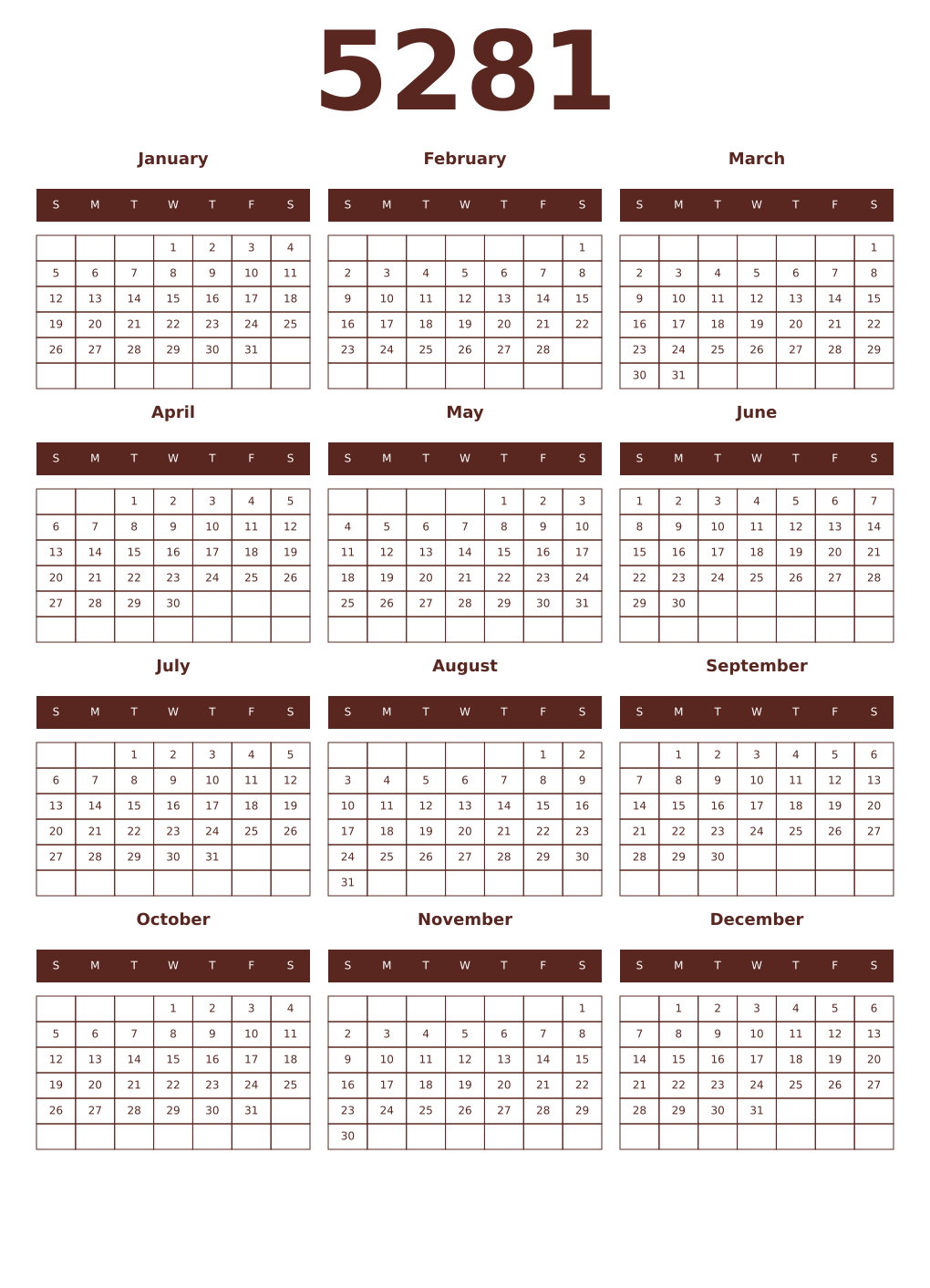 Printable 5281 Year Calendars mortuum