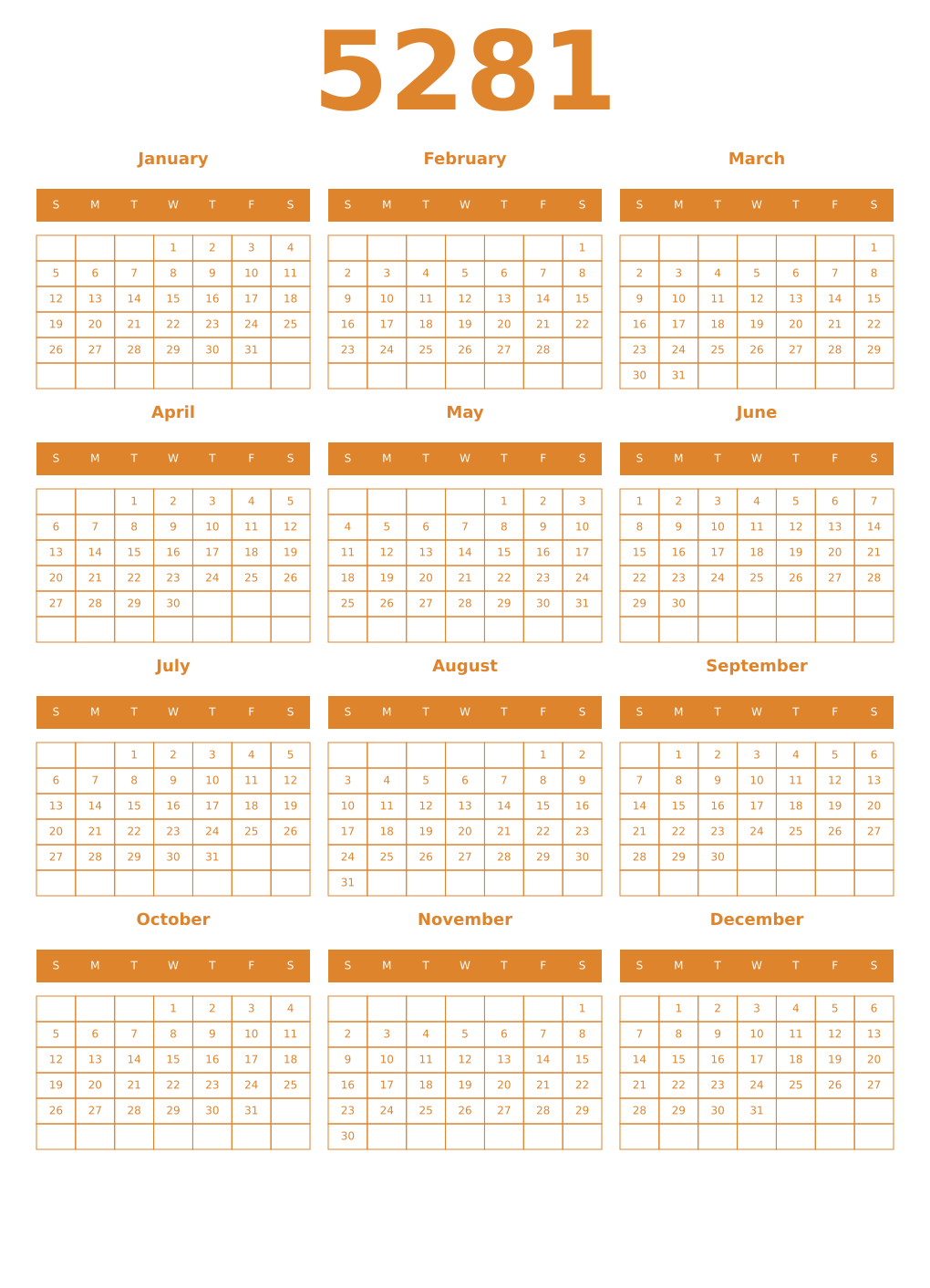 Printable 5281 Year Calendars orange