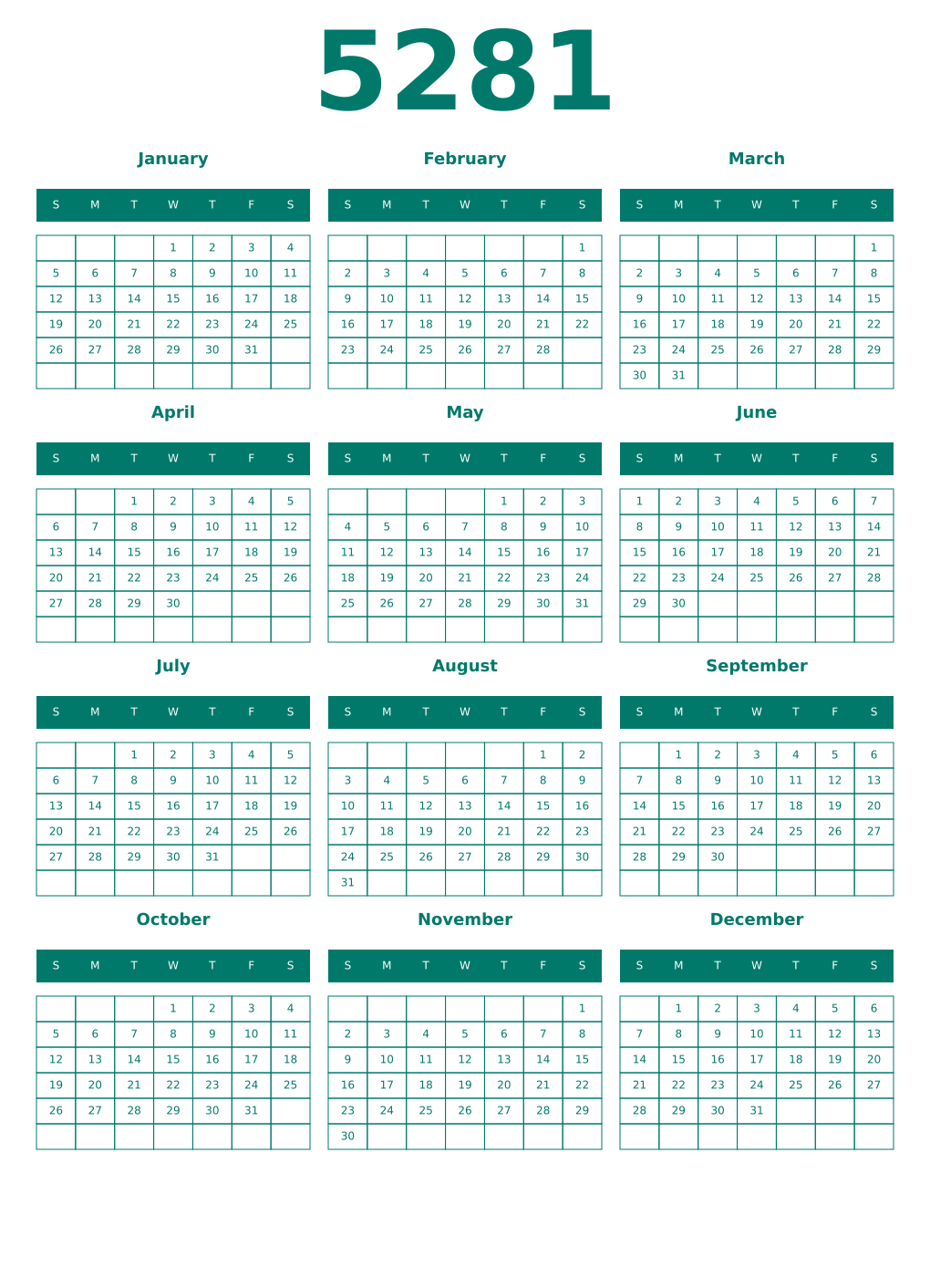 Printable 5281 Year Calendars pastel