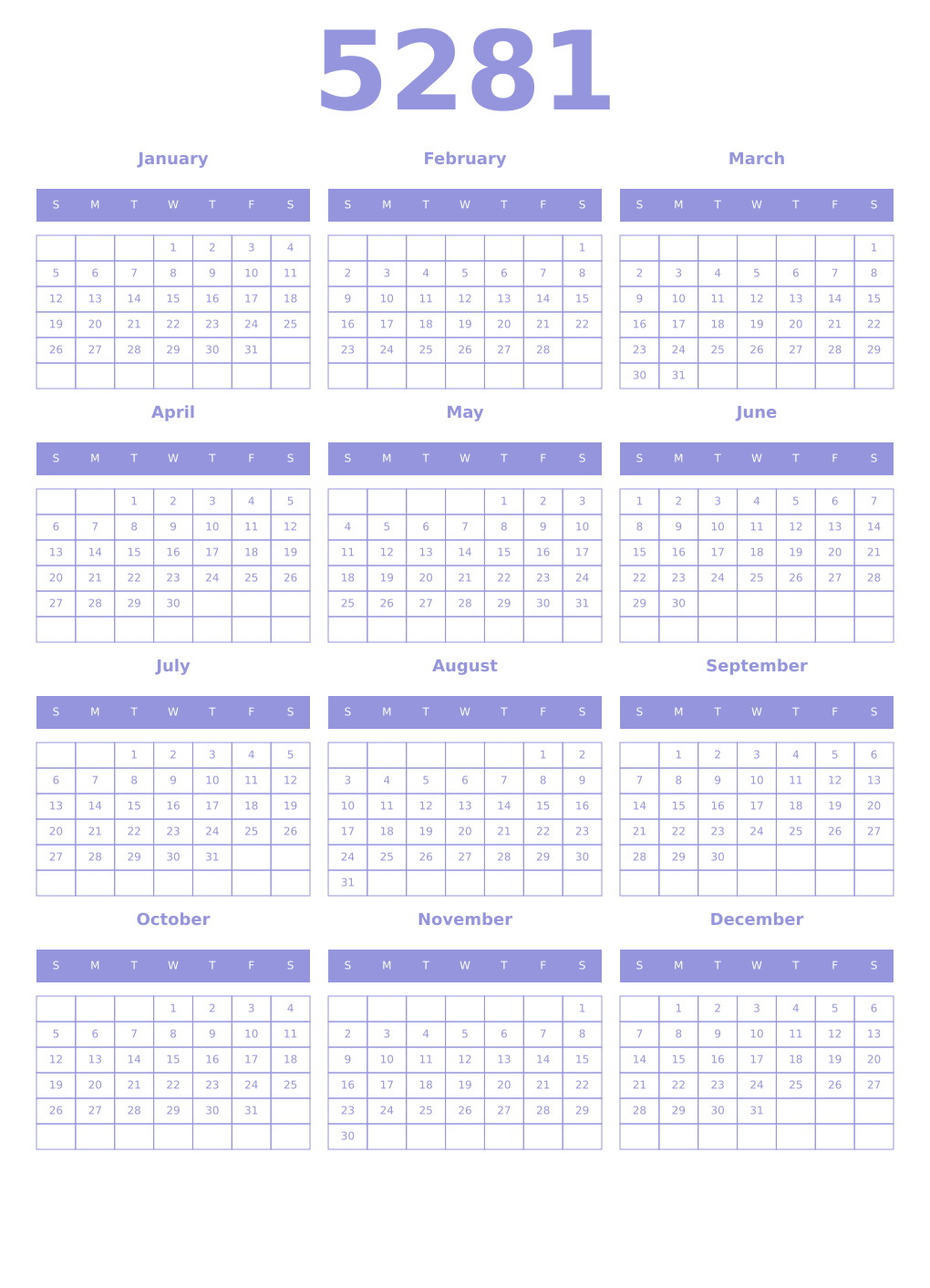 Printable 5281 Year Calendars periwinkle