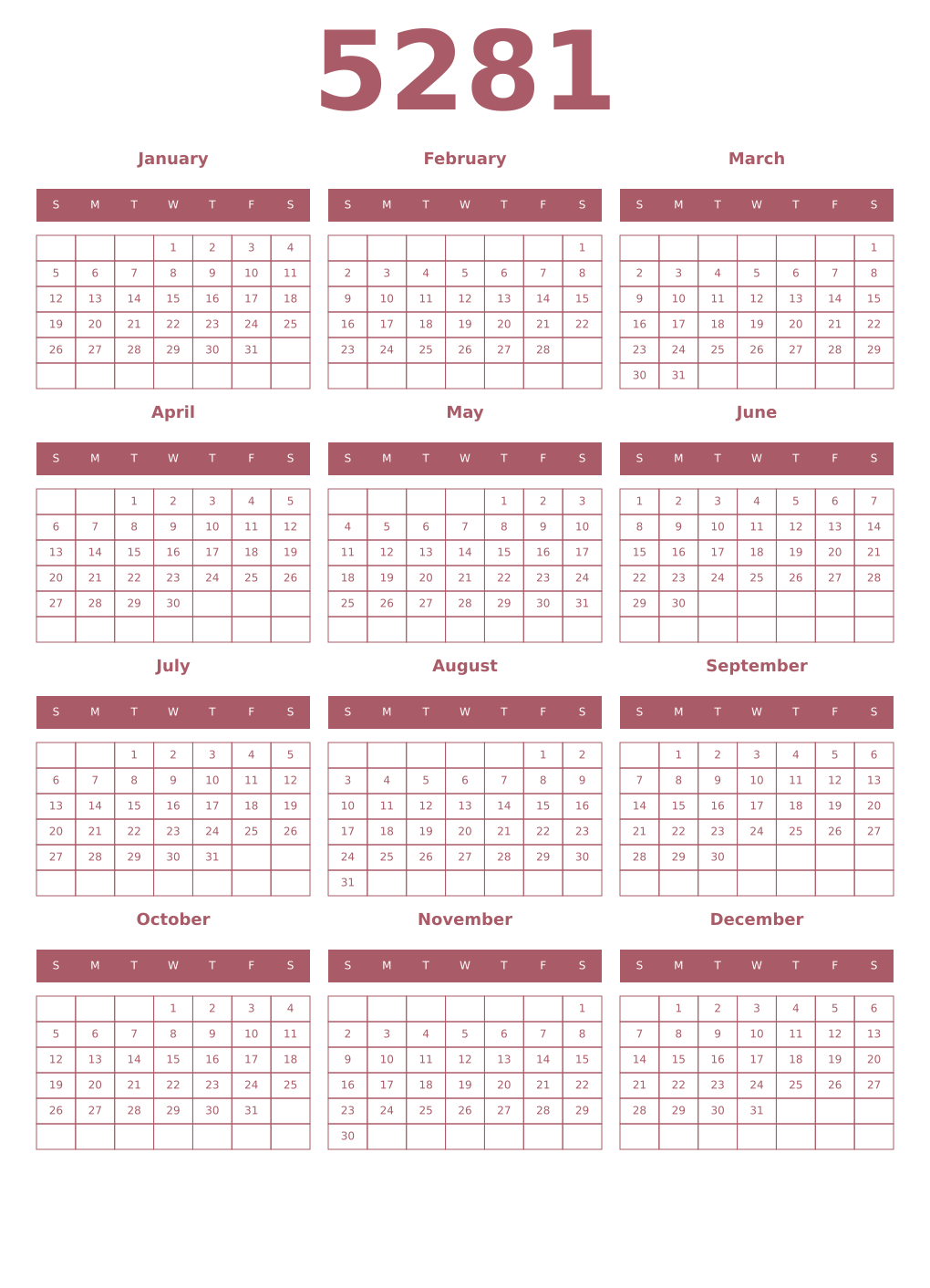 Printable 5281 Year Calendars puce