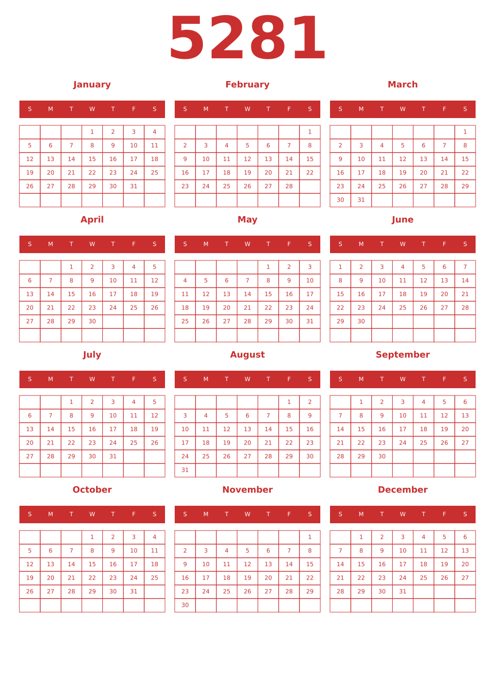 Printable 5281 Year Calendars red