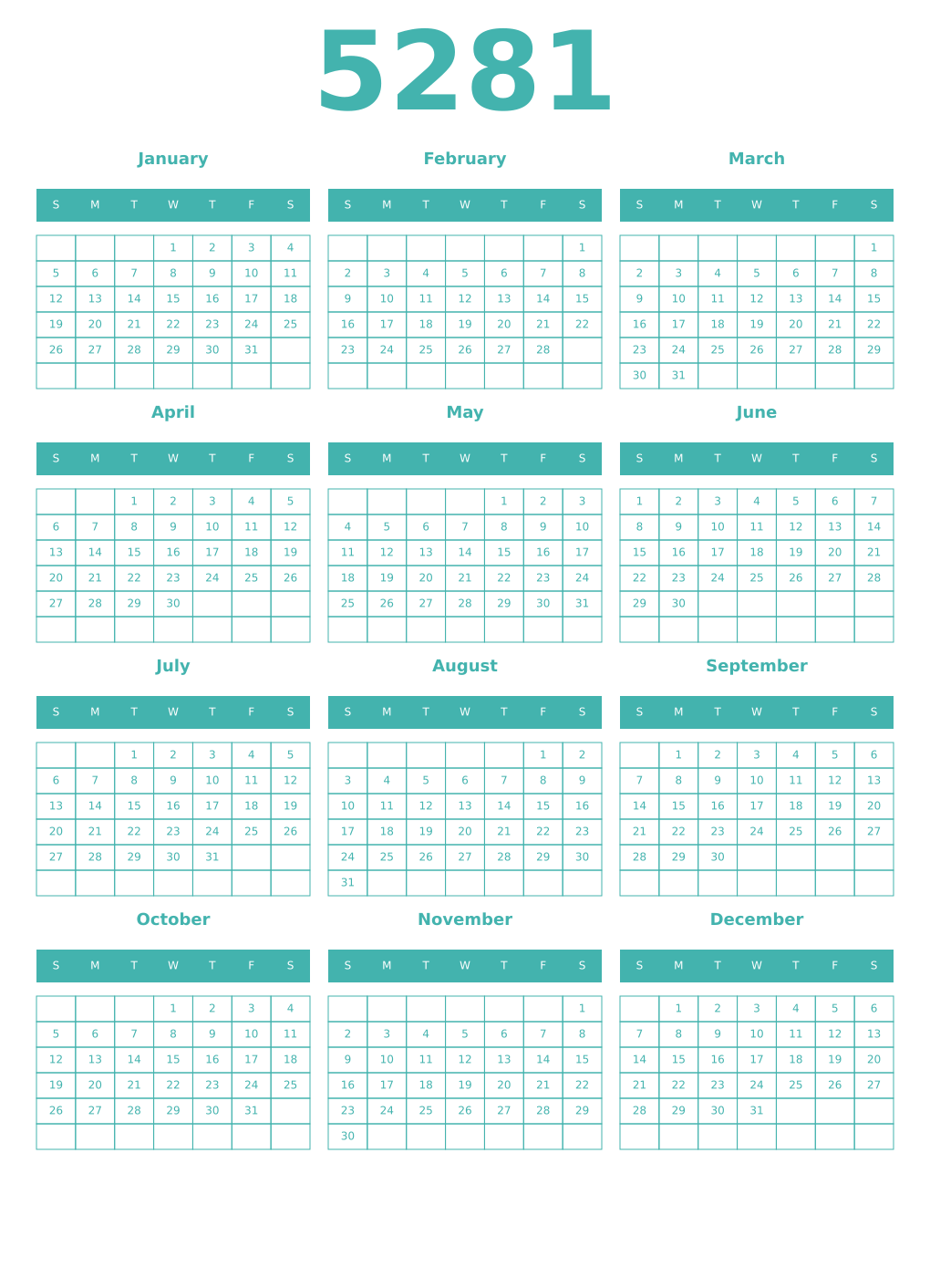 Printable 5281 Year Calendars verdigris