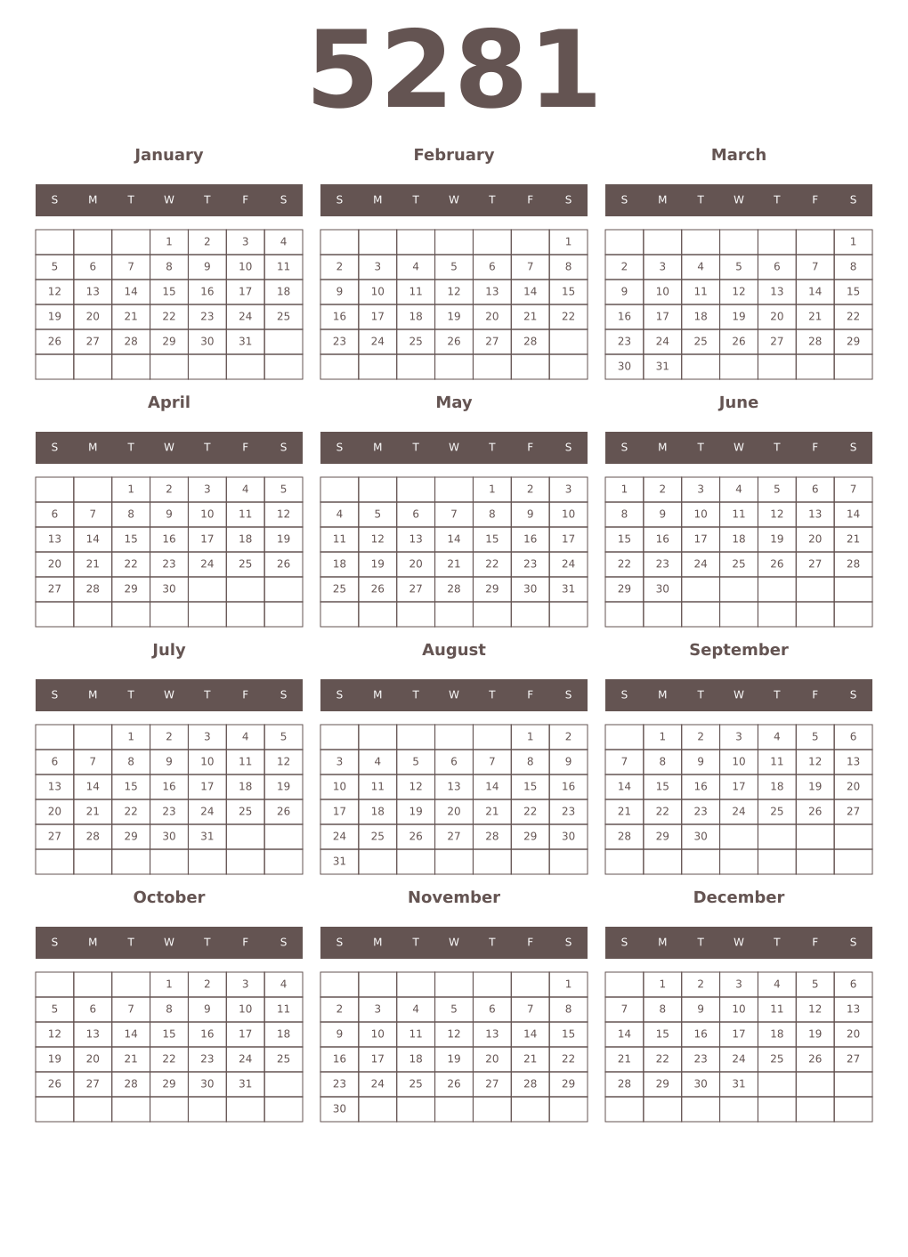 Printable 5281 Year Calendars wenge