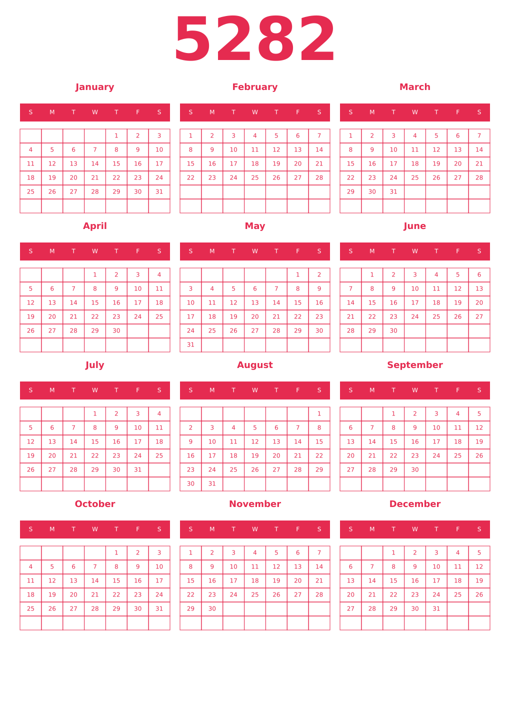 Printable 5282 Year Calendars amaranth