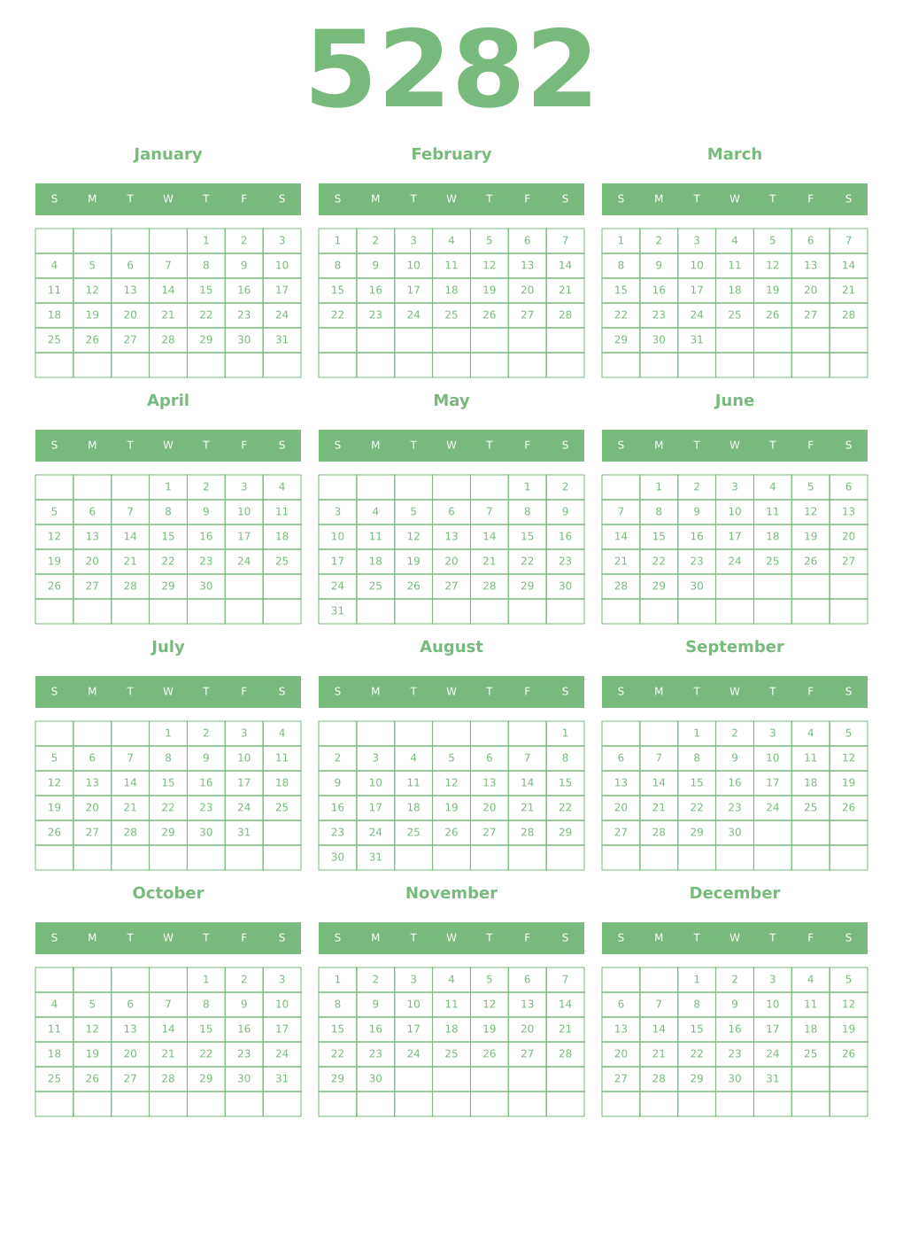 Printable 5282 Year Calendars celadon