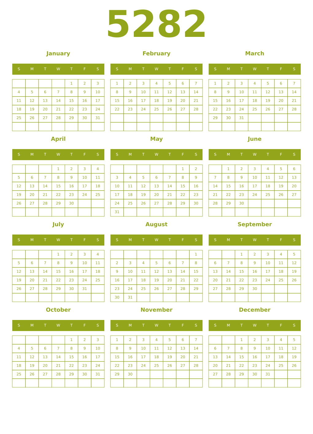 Printable 5282 Year Calendars chartreuse