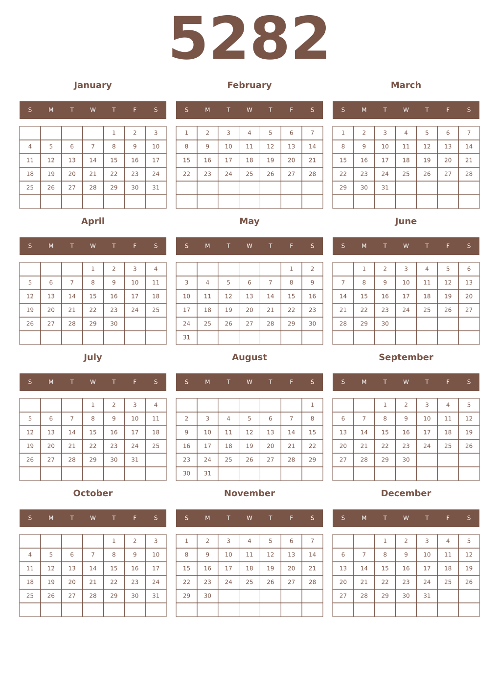 Printable 5282 Year Calendars coffe