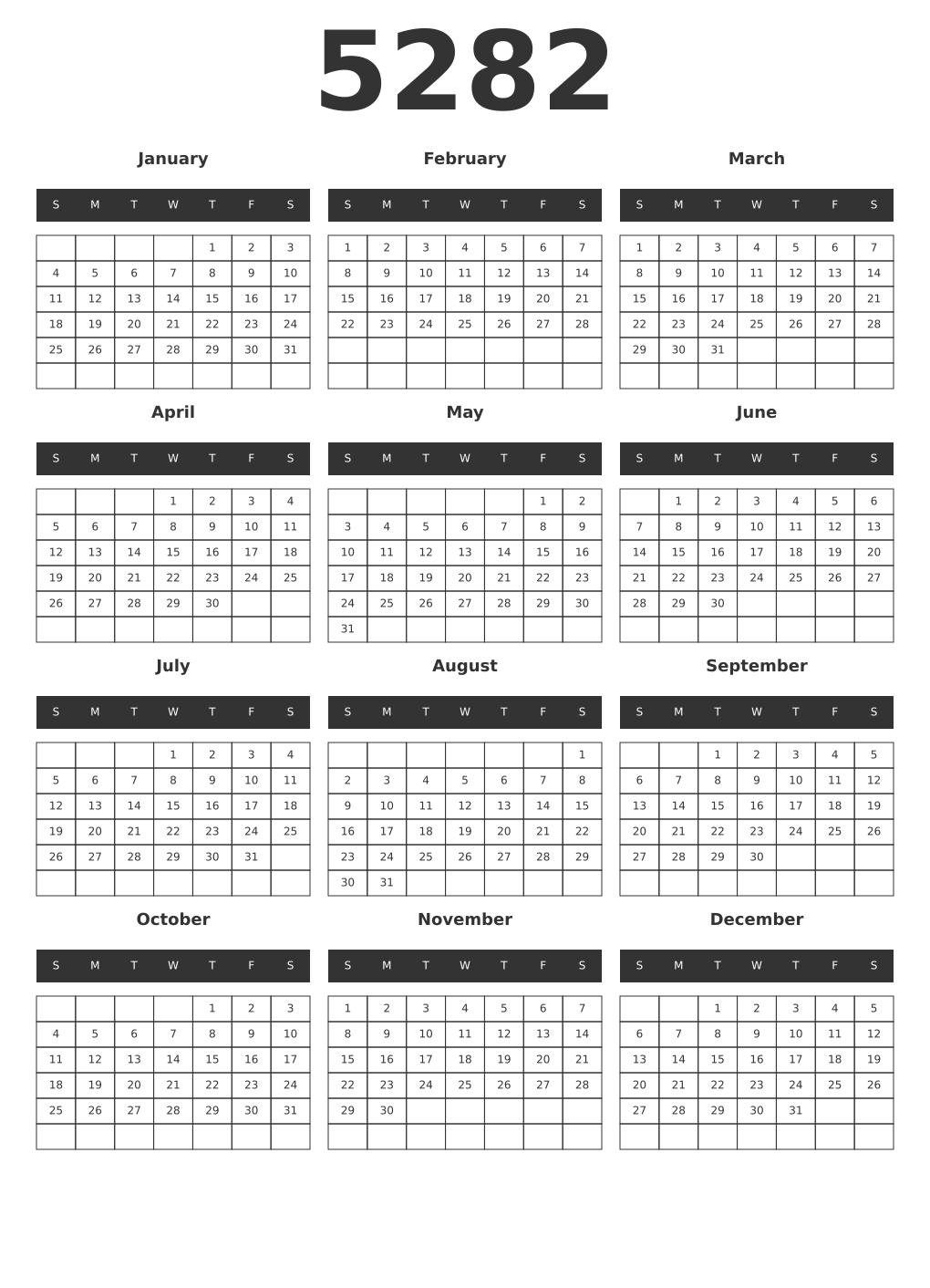 Printable 5282 Year Calendars dark