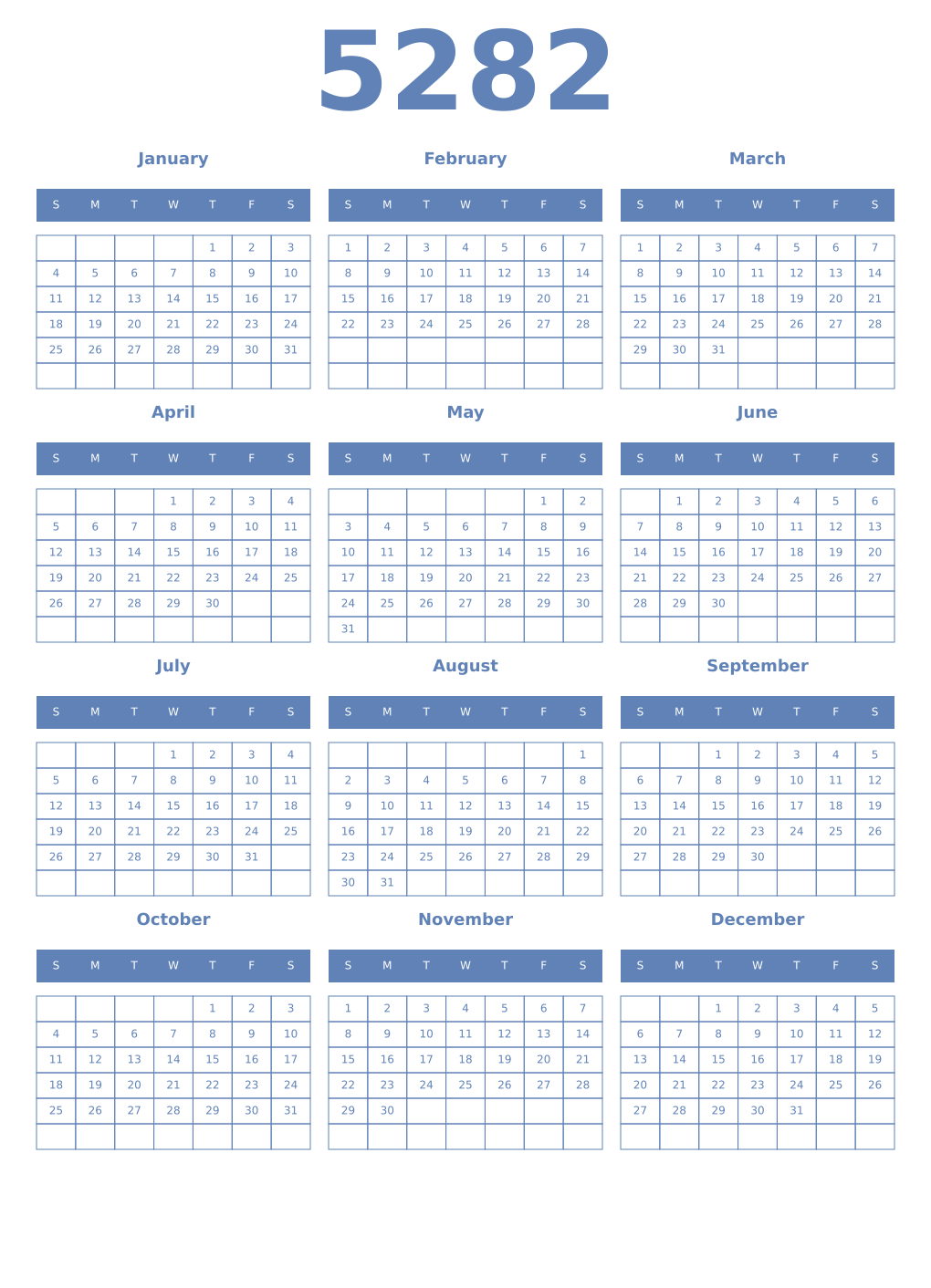 Printable 5282 Year Calendars glaucous