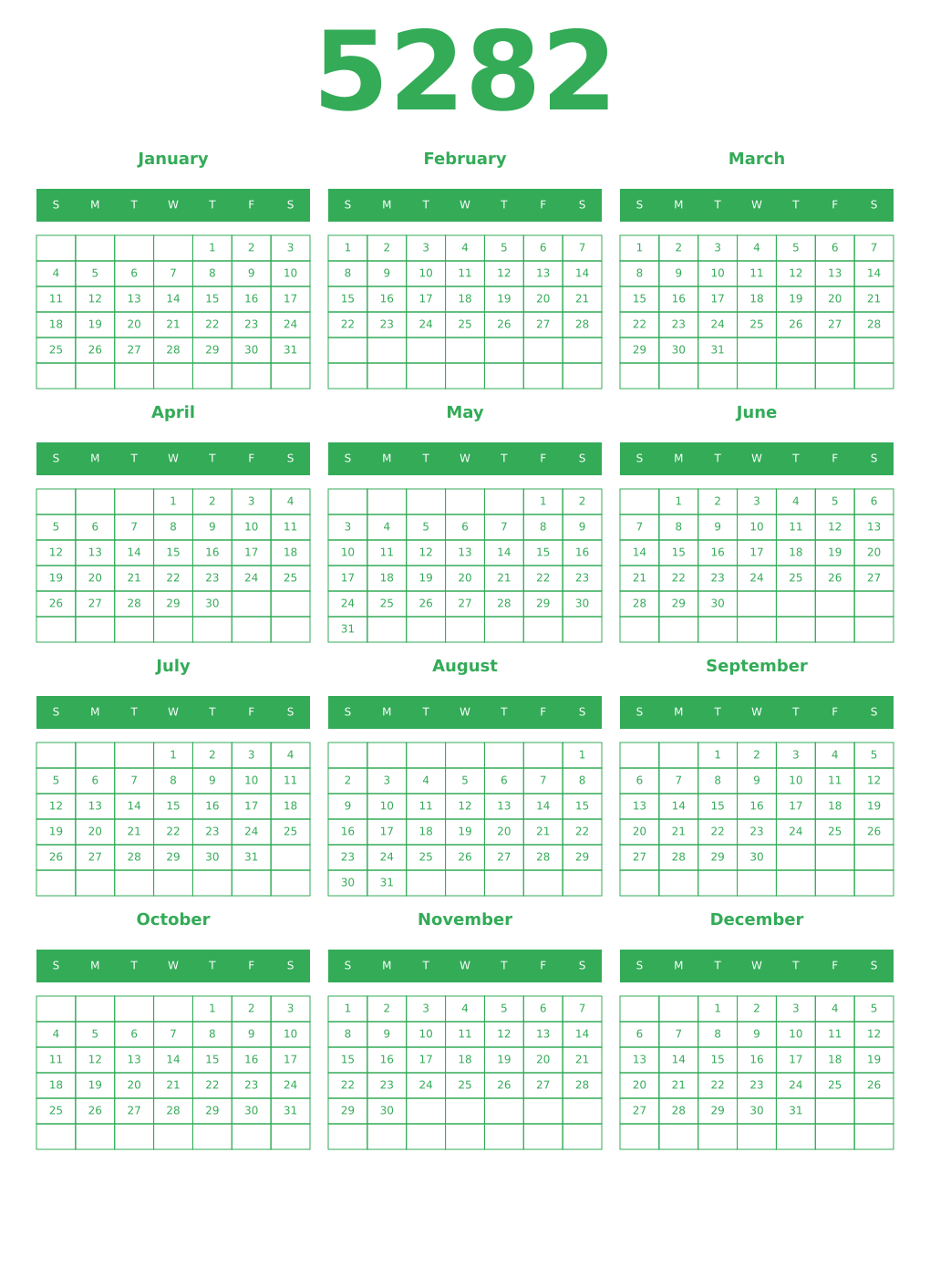 Printable 5282 Year Calendars green