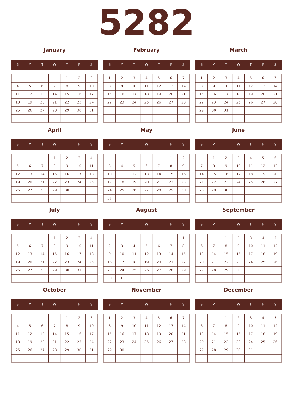 Printable 5282 Year Calendars mortuum