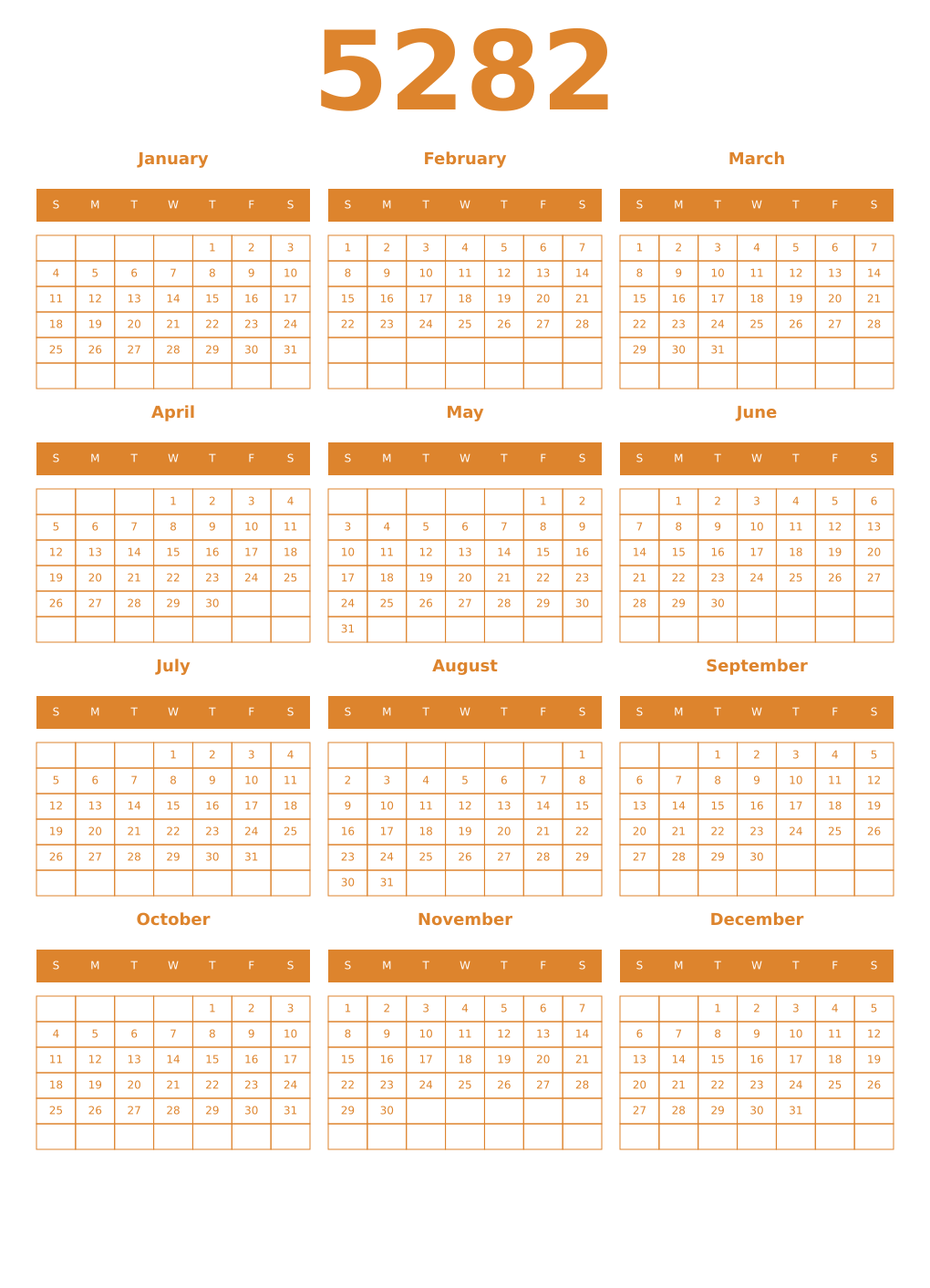 Printable 5282 Year Calendars orange
