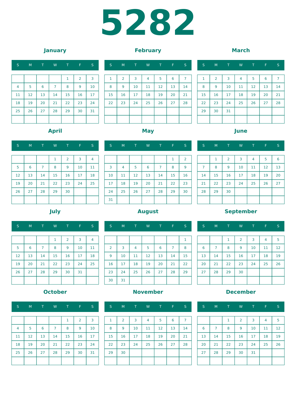 Printable 5282 Year Calendars pastel