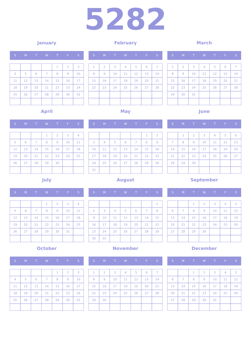 Printable 5282 Year Calendars periwinkle
