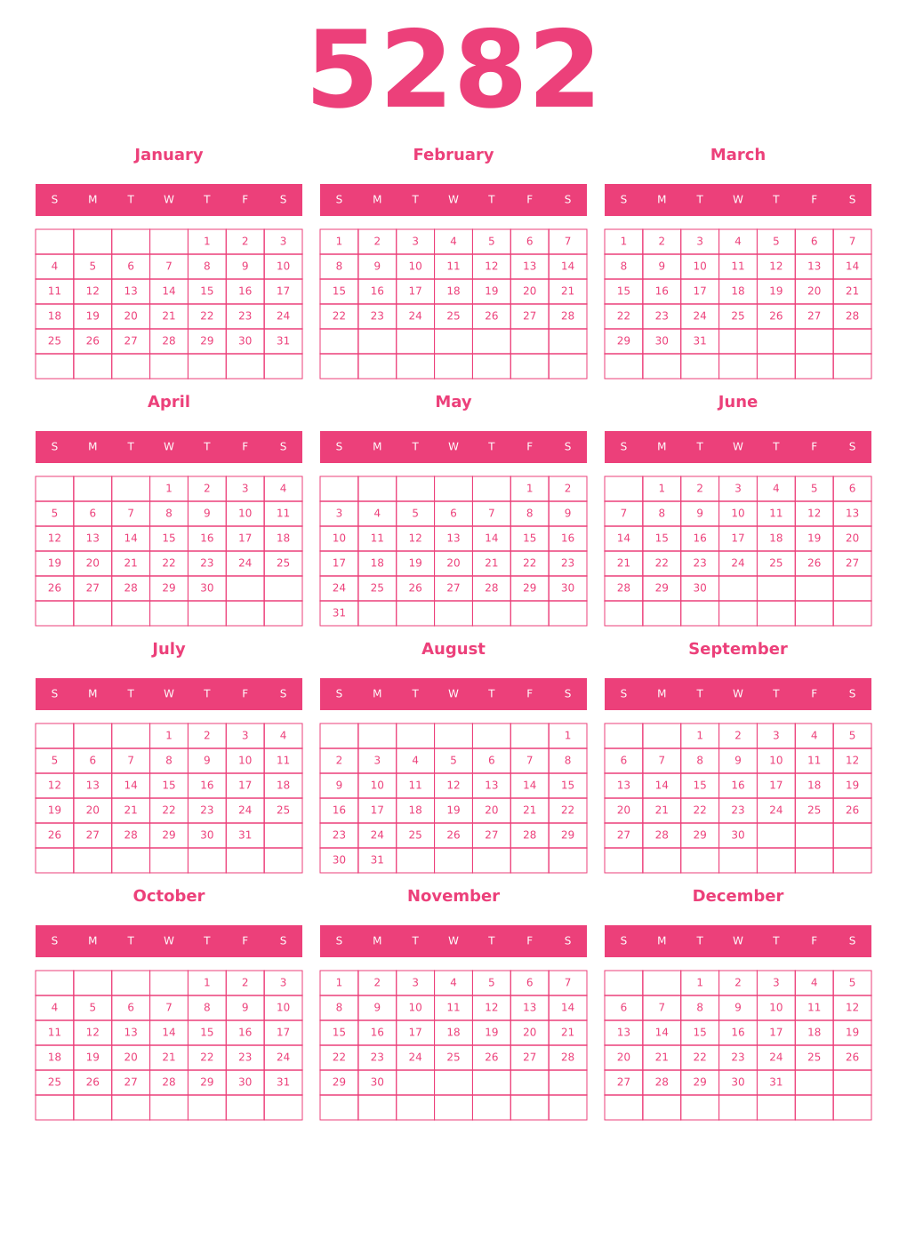 Printable 5282 Year Calendars pink