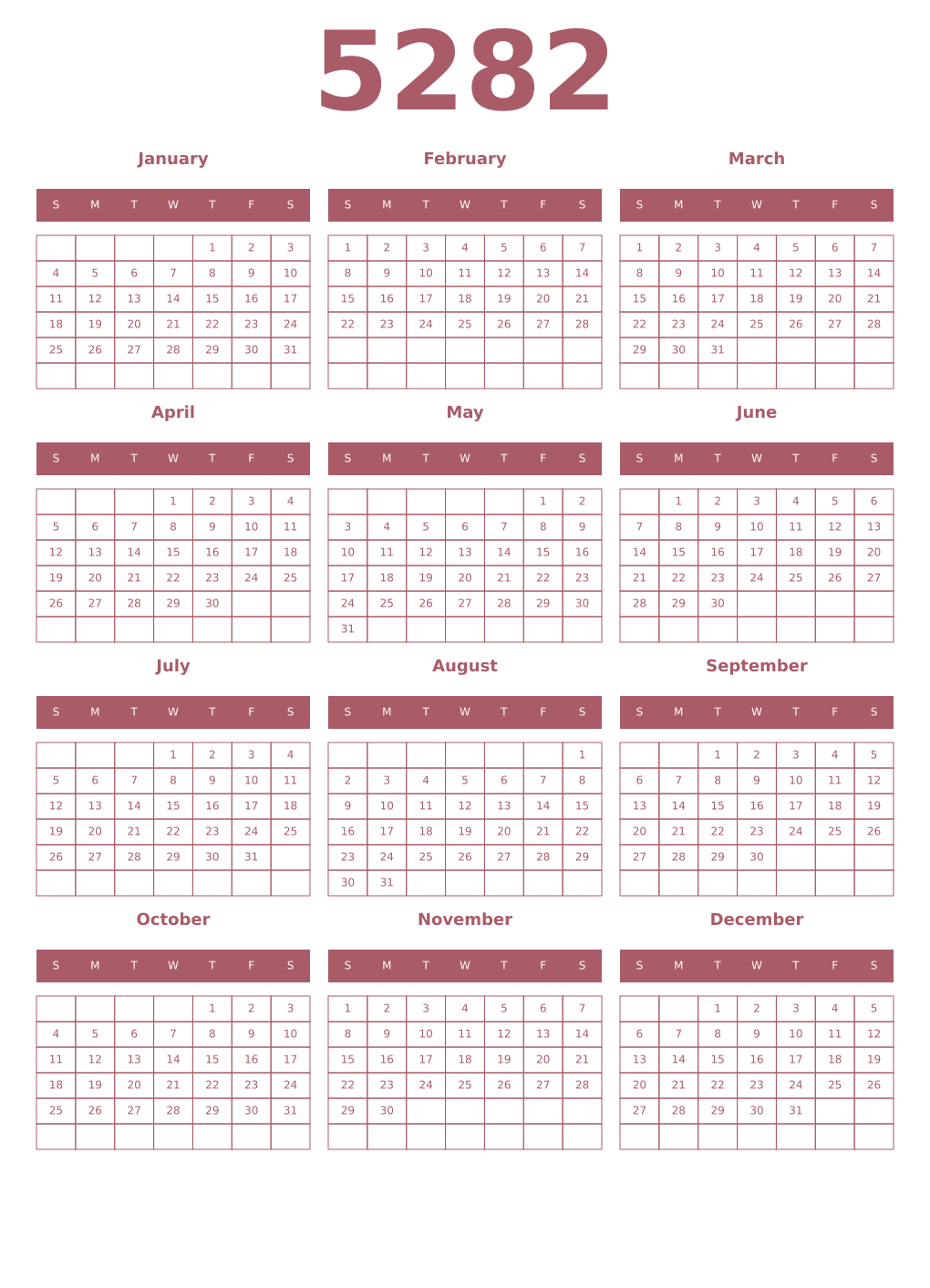 Printable 5282 Year Calendars puce