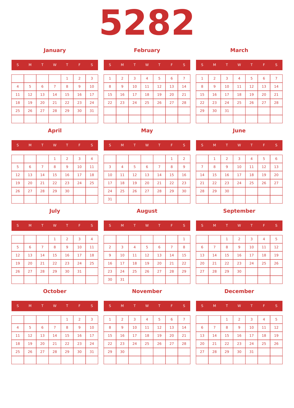 Printable 5282 Year Calendars red