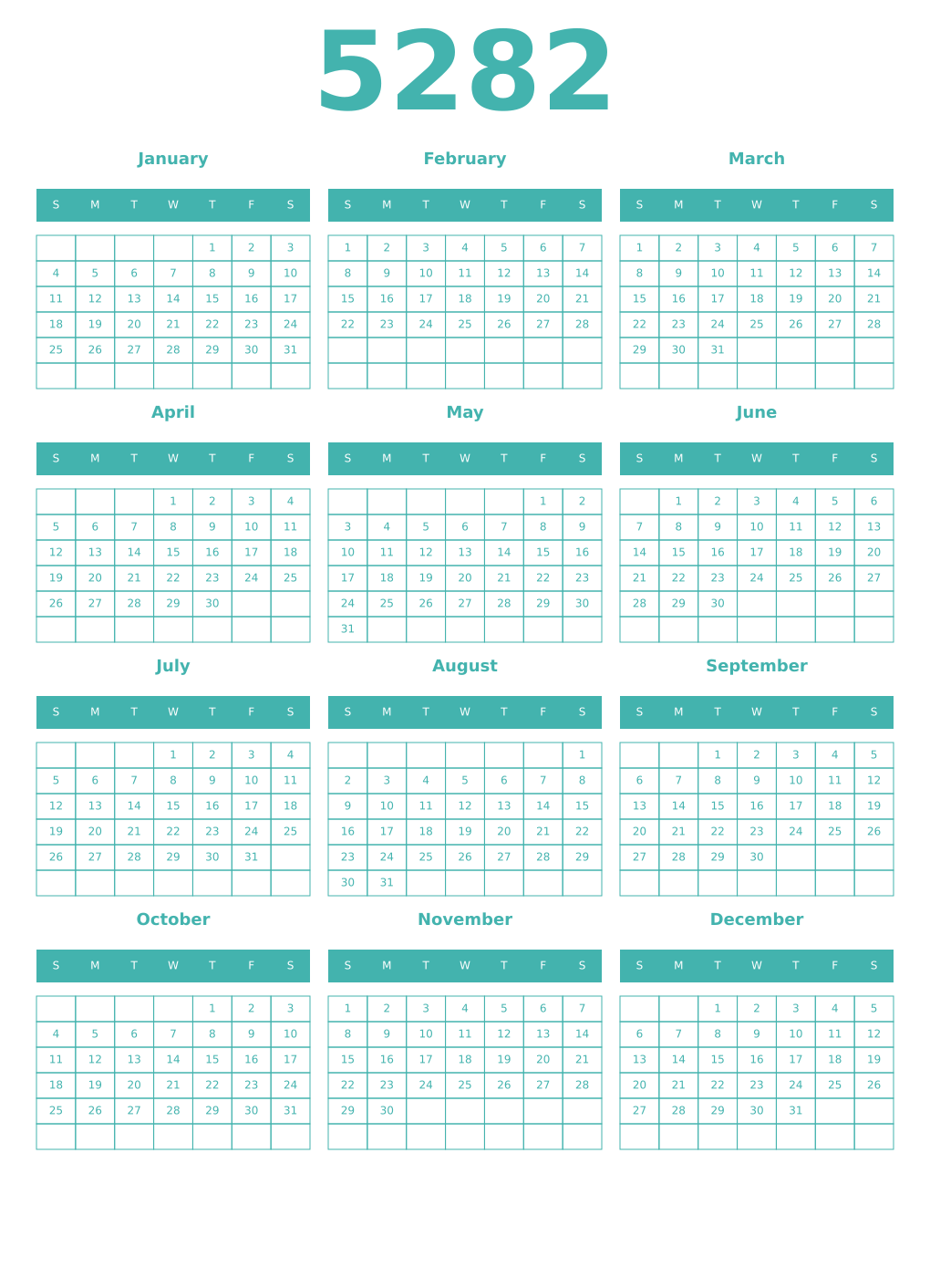 Printable 5282 Year Calendars verdigris
