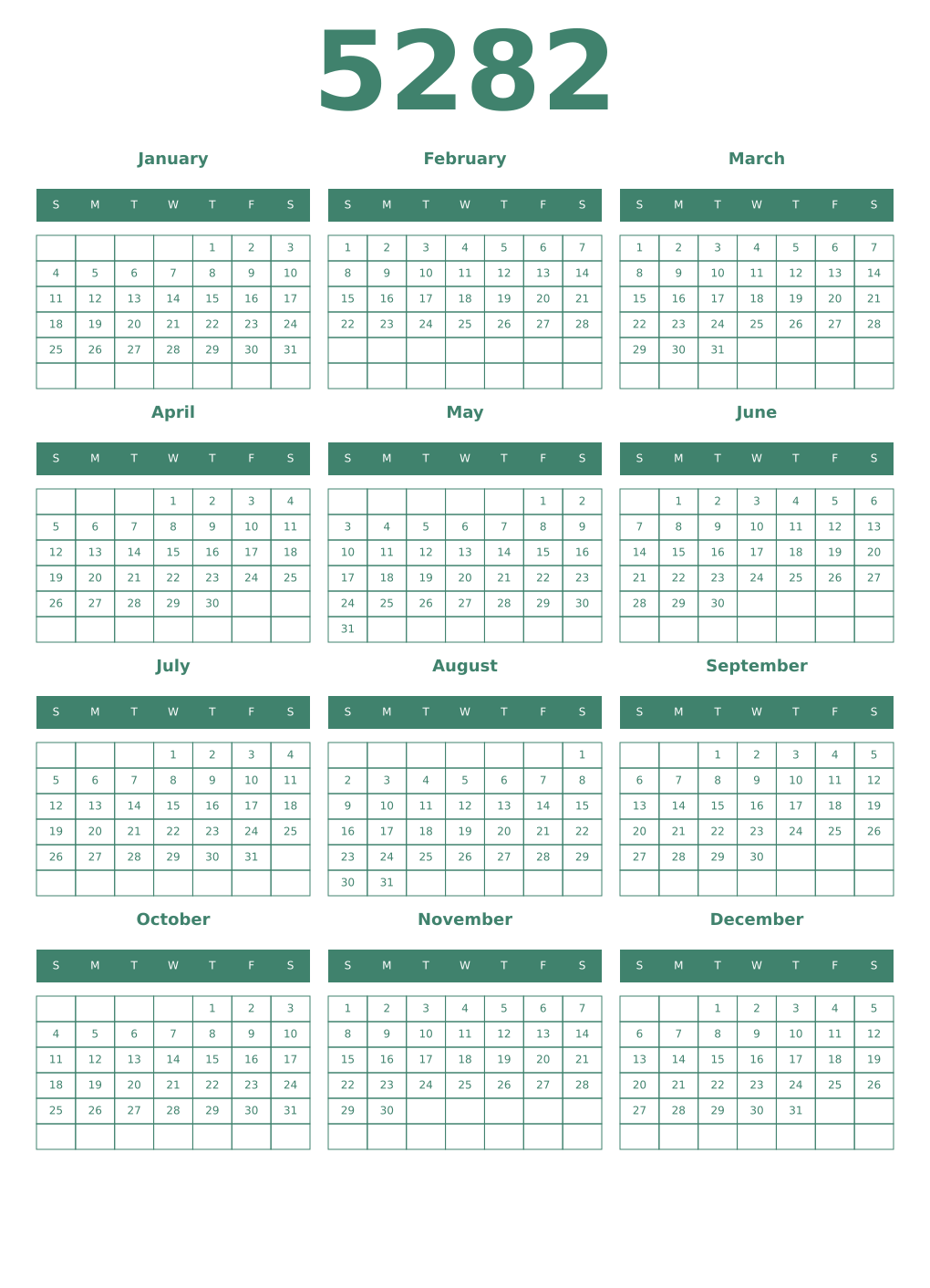 Printable 5282 Year Calendars viridian